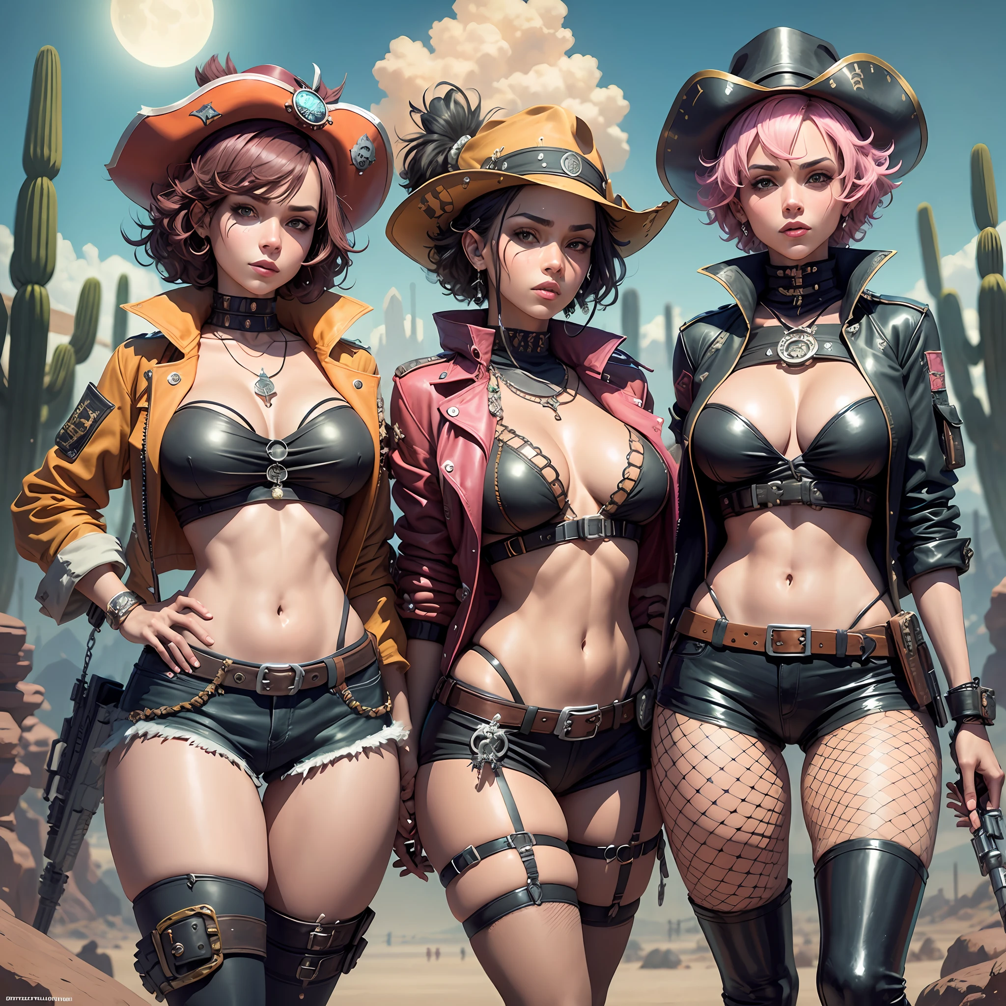 Solar punk pirate girls, sexy, short curly hair, cursed, magical, western, desert, harem outfit, multiple girls, pirates, futuristic, large breasts, jacket, cactus, thick thighs, multiple girls, orange, black, pink, coral, three women, trio, futuristic weapons, pirates, desert theme, dramatic, skimpy, fishnets, pirate hat, scar
