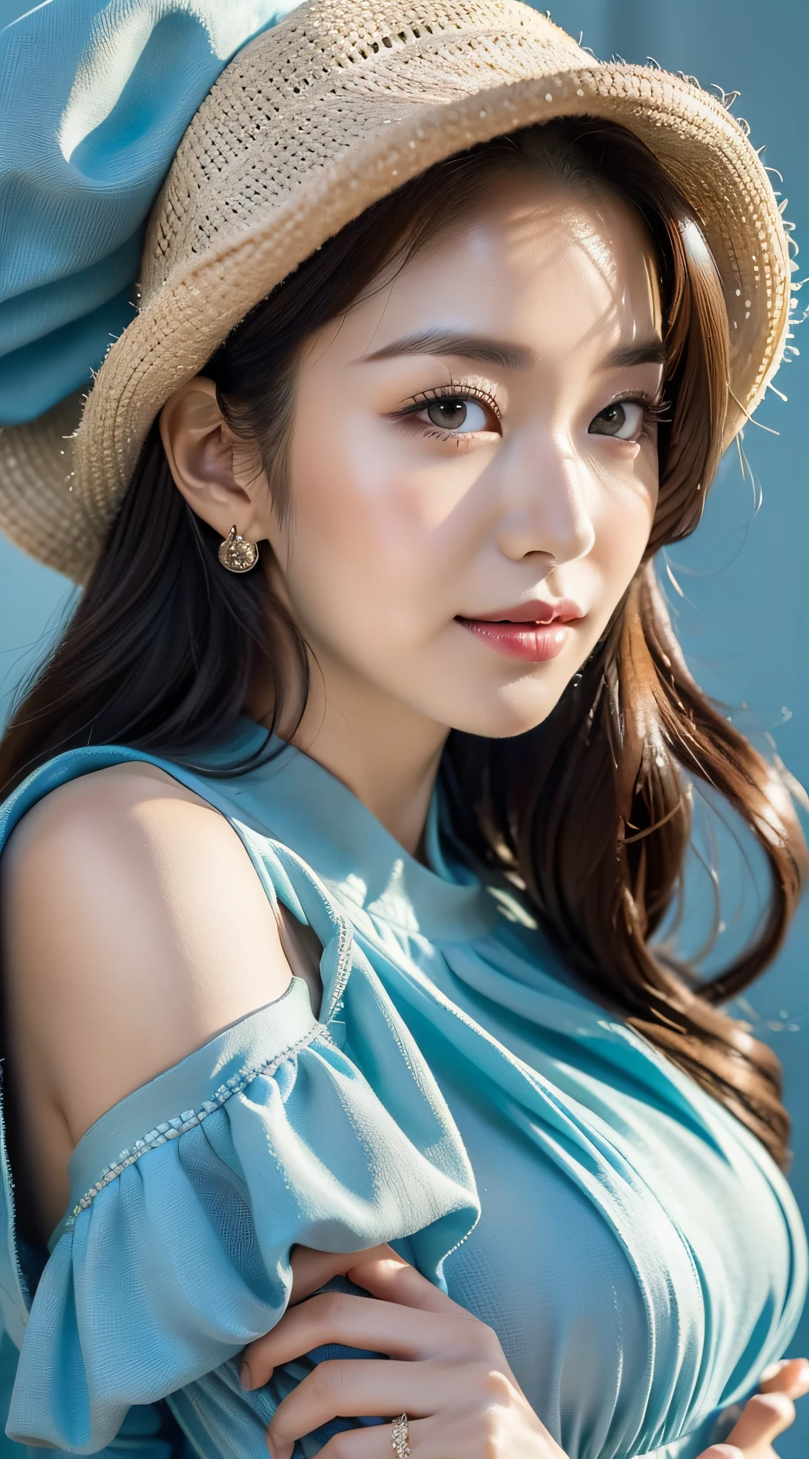 Korean women, goddess, perfect body, upper body, ball head, detailed skin texture and fabric texture, detailed eye texture, detailed eyeball, long eyelashes, fine eyelashes close-up, double eyelids, light smile, 8k, highest quality, masterpiece, super high resolution: 1.2, draped fabric, beautiful female photo with elegant style theme, Aarafi woman wearing fisherman hat, sky blue dress, photography mode, upper body, soft fabric, fine fabric texture, dress, fluent dress, Elegant dress, elegant dress, wearing dress, elegant dress, wearing dress,