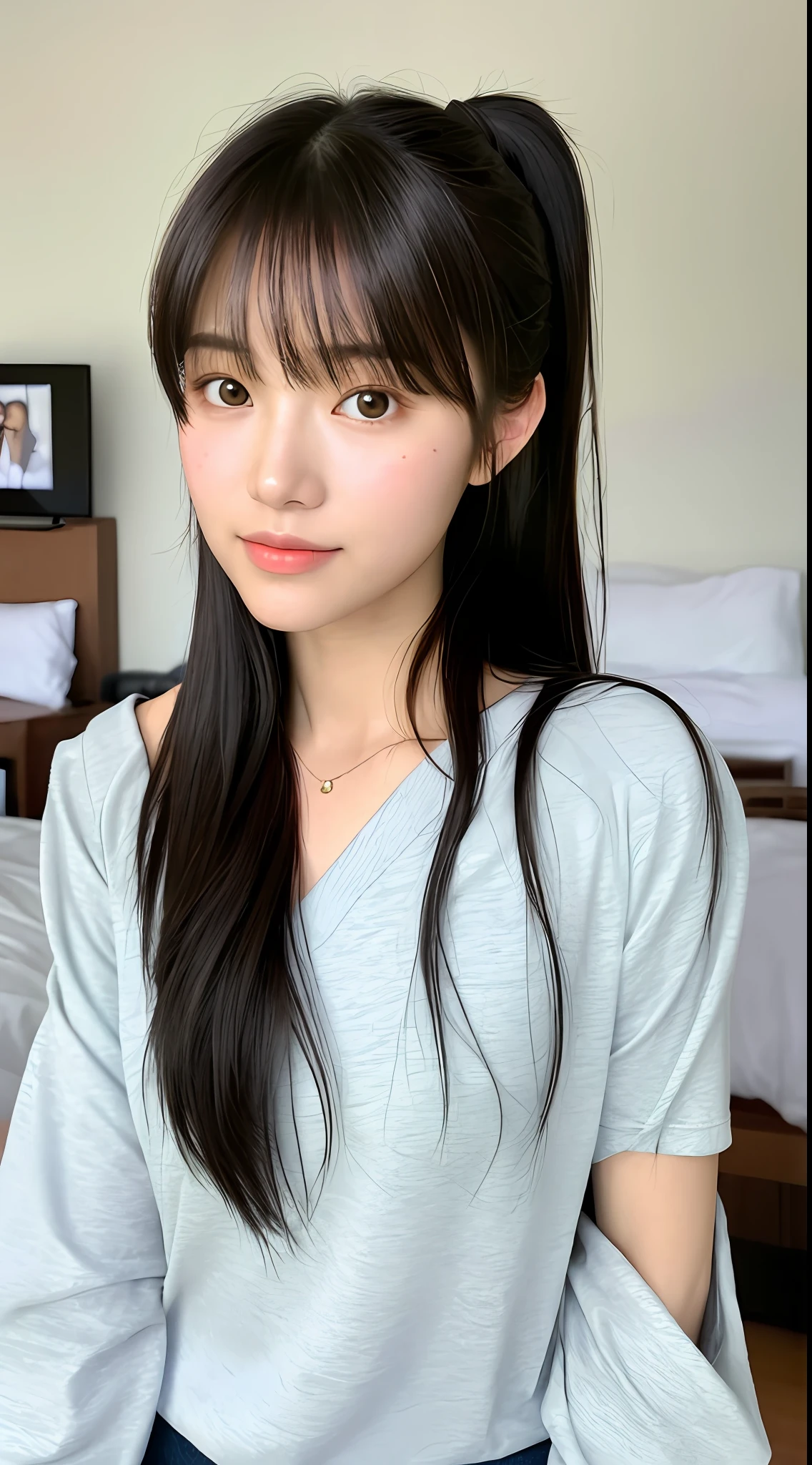 Realistic photos of (1 cute star) shoulder length hair, ponytail, light makeup, bangs, (small), clear facial features, 8K high resolution, sharp and realistic details, full body, own room, changing (underwear), changing clothes, f/4.0, 135mm, fujifilm, jpeg artifacts, dithering, UHD, masterpiece, blur, schoolgirl, underwear, white