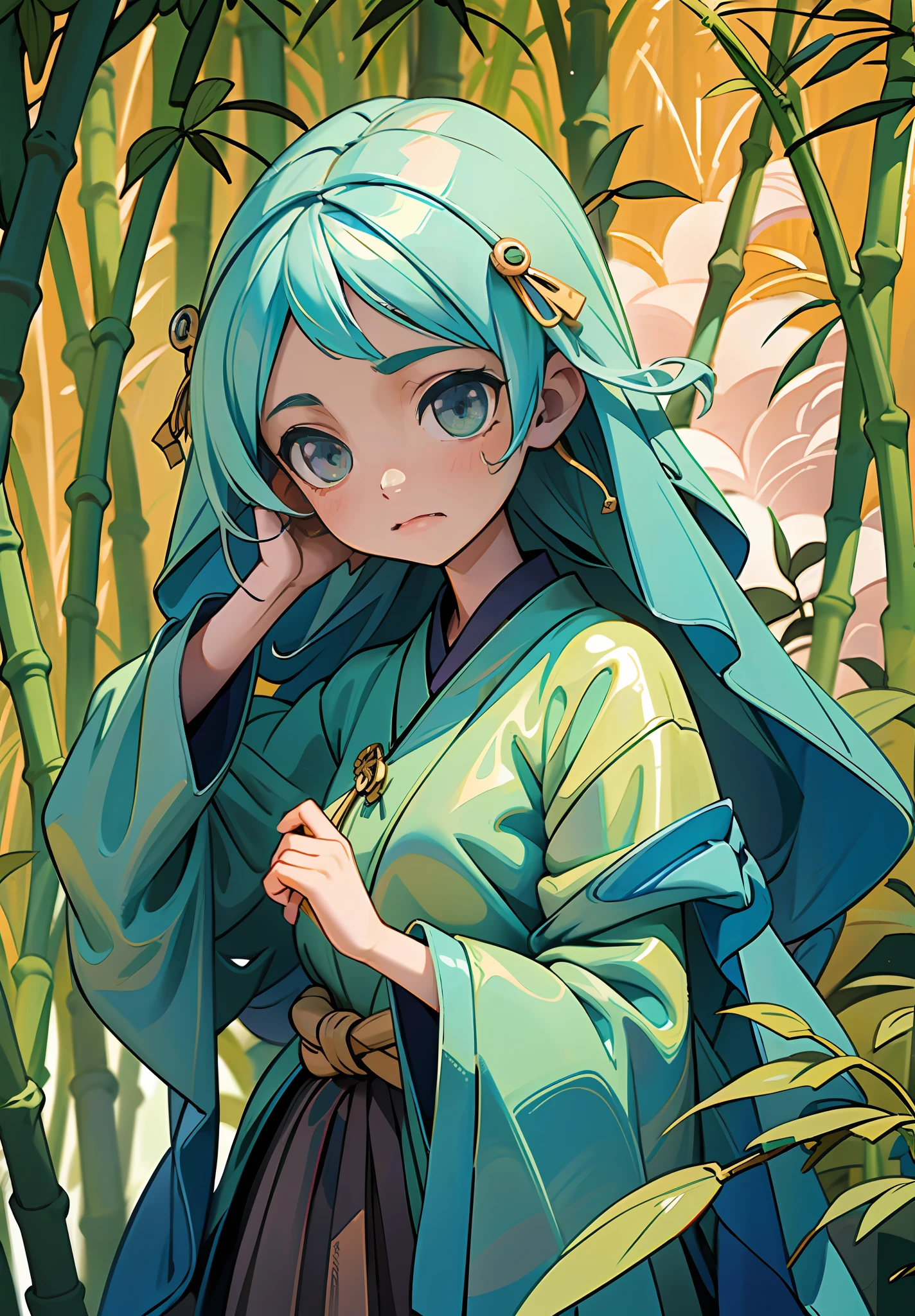 Masterpiece, Best Quality, Ultra Detailed, 1 Girl, on this cold autumn night, a mysterious and leisurely bamboo forest scene, a young girl wearing a light veil and a sad face stands on the bridge. She stared at the stream quietly, as if thinking about something. A creek babbling, a sea of clouds and a starry sky intertwined, and an antique bridge spans it, under which a few fallen leaves and bamboo leaves float. Starlight dotted in this secluded bamboo forest adds infinite spirituality to this beautiful scene. The whole scene presents low-saturation colors, with gray blue, light gray, dark green, dark green, dark purple and dark blue as the main tones, giving people a cool, aesthetic and elegant feeling. This color also provides an ideal basis for expressing mysterious, psychedelic emotions. The style of this scene can be described as antique, fairy, ink painting and landscape mood. They all have the characteristics of traditional Chinese culture, and they are very good at depicting the artistic conception of mountains and rivers, and combine them with fairy tale elements to show an otherworldly temperament. At the same time, the painting also presents the artistic style of ink painting, making the whole scene more elegant and poetic. The girl's sad emotions reflect the whole painting, which makes people have endless reverie. Her dress also reflects the beauty, elegance and antique of the whole painting, adding a bit of tenderness and warmth to the whole painting