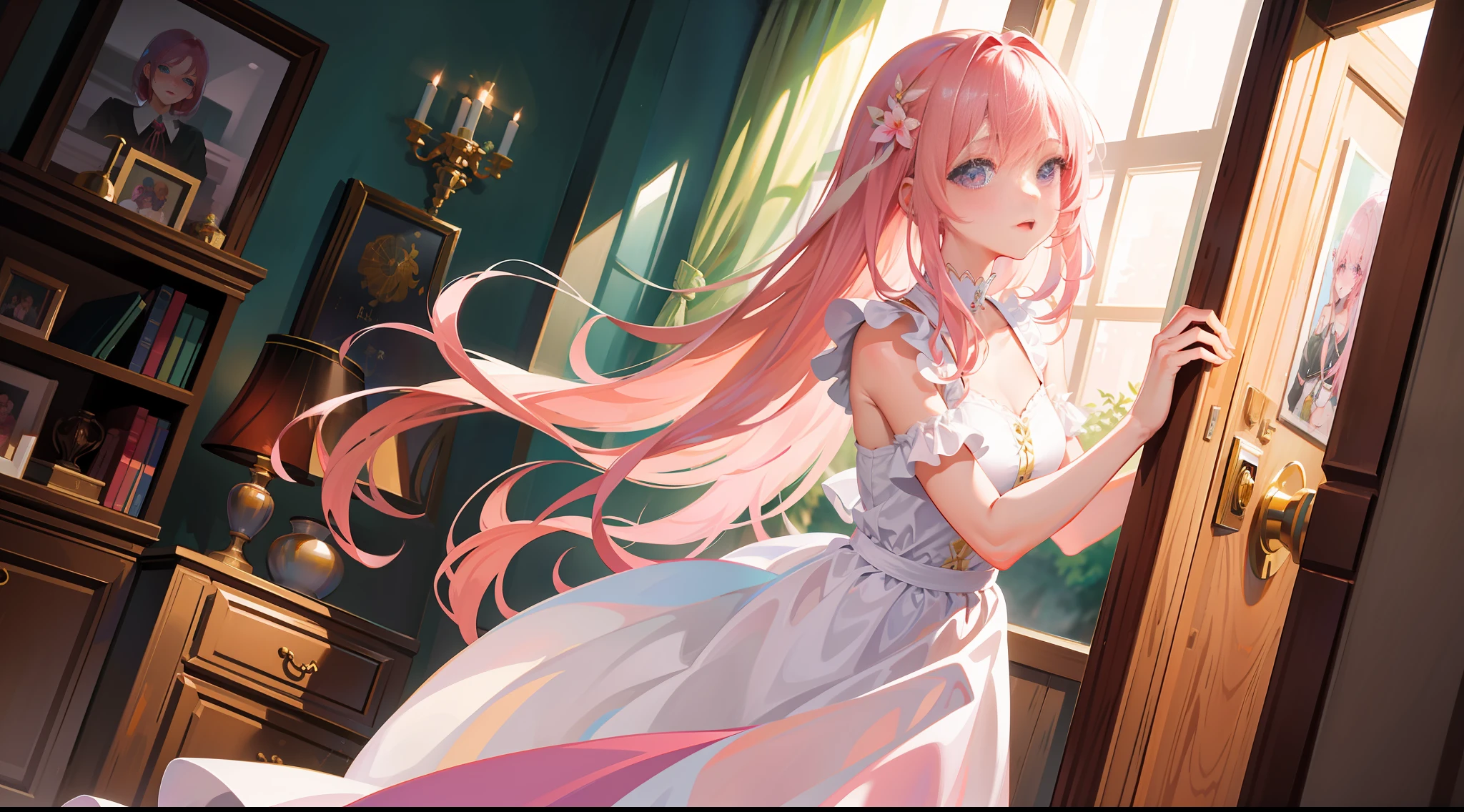 Masterpiece, best quality, ultra detailed, illustration, beautiful detailed eyes, close up, 1 girl, pink hair, white dress, in the room, standing, panicked expression