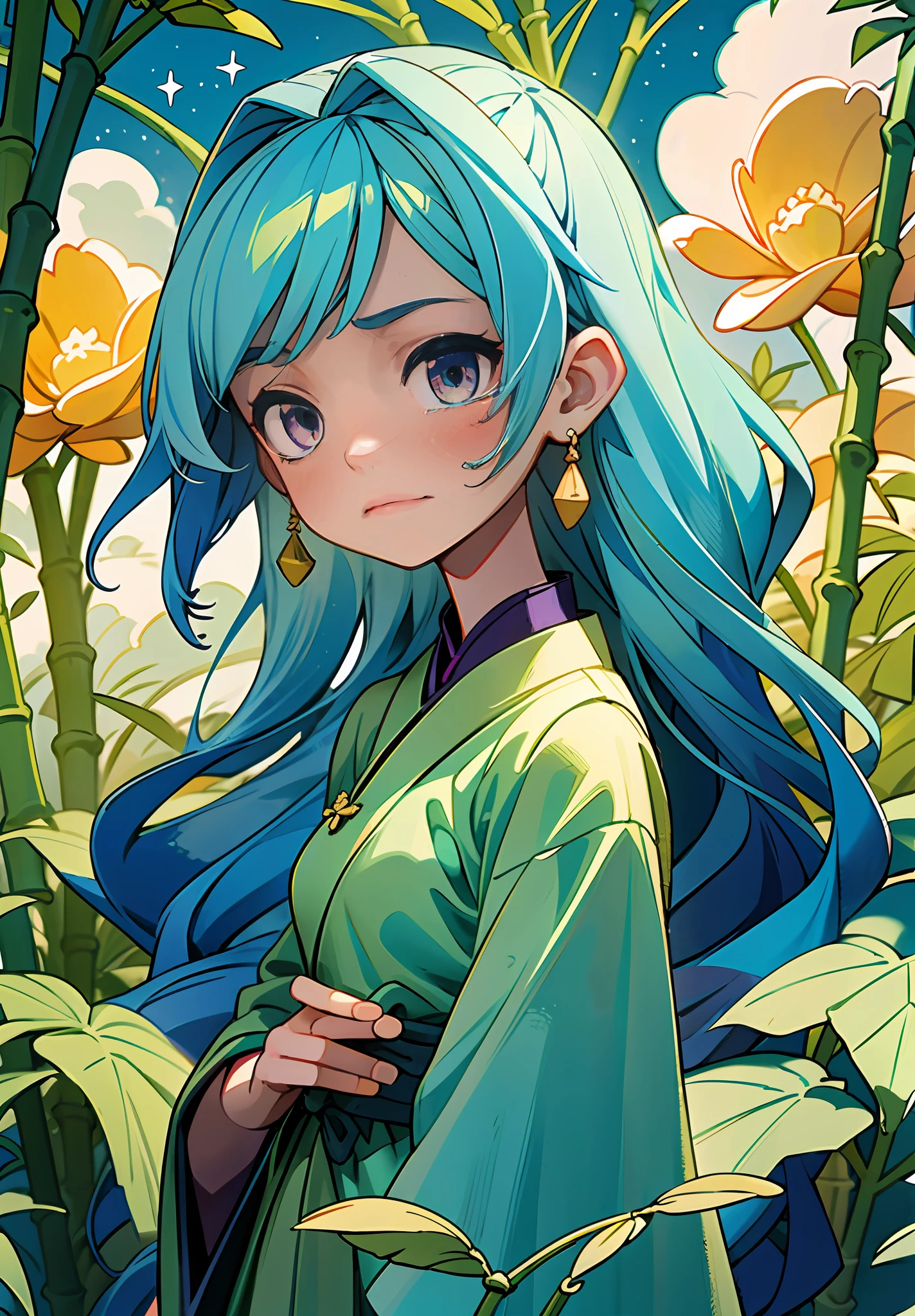 Masterpiece, Best Quality, Ultra Detailed, 1 Girl, on this cold autumn night, a mysterious and leisurely bamboo forest scene, a young girl wearing a light veil and a sad face stands on the bridge. She stared at the stream quietly, as if thinking about something. A creek babbling, a sea of clouds and a starry sky intertwined, and an antique bridge spans it, under which a few fallen leaves and bamboo leaves float. Starlight dotted in this secluded bamboo forest adds infinite spirituality to this beautiful scene. The whole scene presents low-saturation colors, with gray blue, light gray, dark green, dark green, dark purple and dark blue as the main tones, giving people a cool, aesthetic and elegant feeling. This color also provides an ideal basis for expressing mysterious, psychedelic emotions. The style of this scene can be described as antique, fairy, ink painting and landscape mood. They all have the characteristics of traditional Chinese culture, and they are very good at depicting the artistic conception of mountains and rivers, and combine them with fairy tale elements to show an otherworldly temperament. At the same time, the painting also presents the artistic style of ink painting, making the whole scene more elegant and poetic. The girl's sad emotions reflect the whole painting, which makes people have endless reverie. Her dress also reflects the beauty, elegance and antique of the whole painting, adding a bit of tenderness and warmth to the whole painting