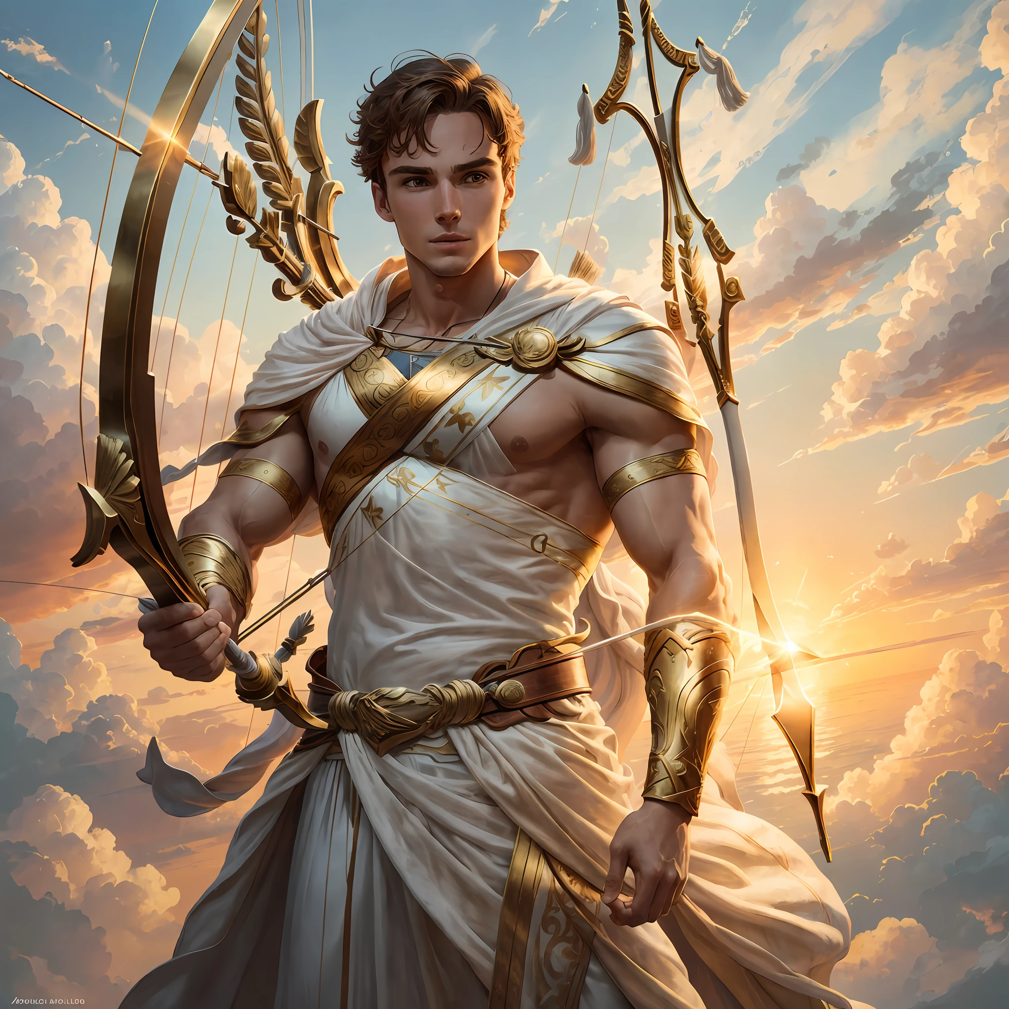 bow and arrow, of Apollo, appearance of the actor Sam Claflin, in his hands only a golden bow, arrows of light, white Greek robe with sample breastplate, sunset with clouds in the background, whole body with realistic image. Variation: remove the item from the right hand and remove the arrow from the character's face improve the constrate --auto --s2