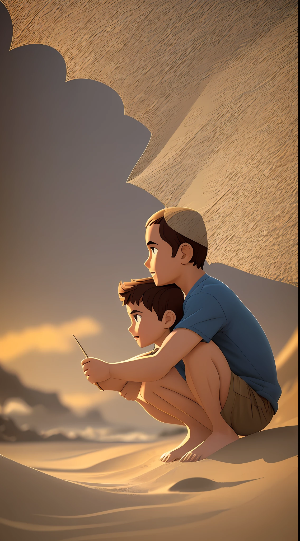 A man and a child sitting on the beach, Digital cartoon drawing art, Animated films, Animated films, Animated films, Animated printed poster, RHADS和Lois Van Baarle, Father and child, Cartoon digital painting, Single boy concept art, Animated movie scenes, Cartoon art, 3D animated film, Profile picture, Animated film stills, Animated illustration style, Depth-Of-Field, optical illusion , depth of field, optical illusion, motion blur --auto --s2