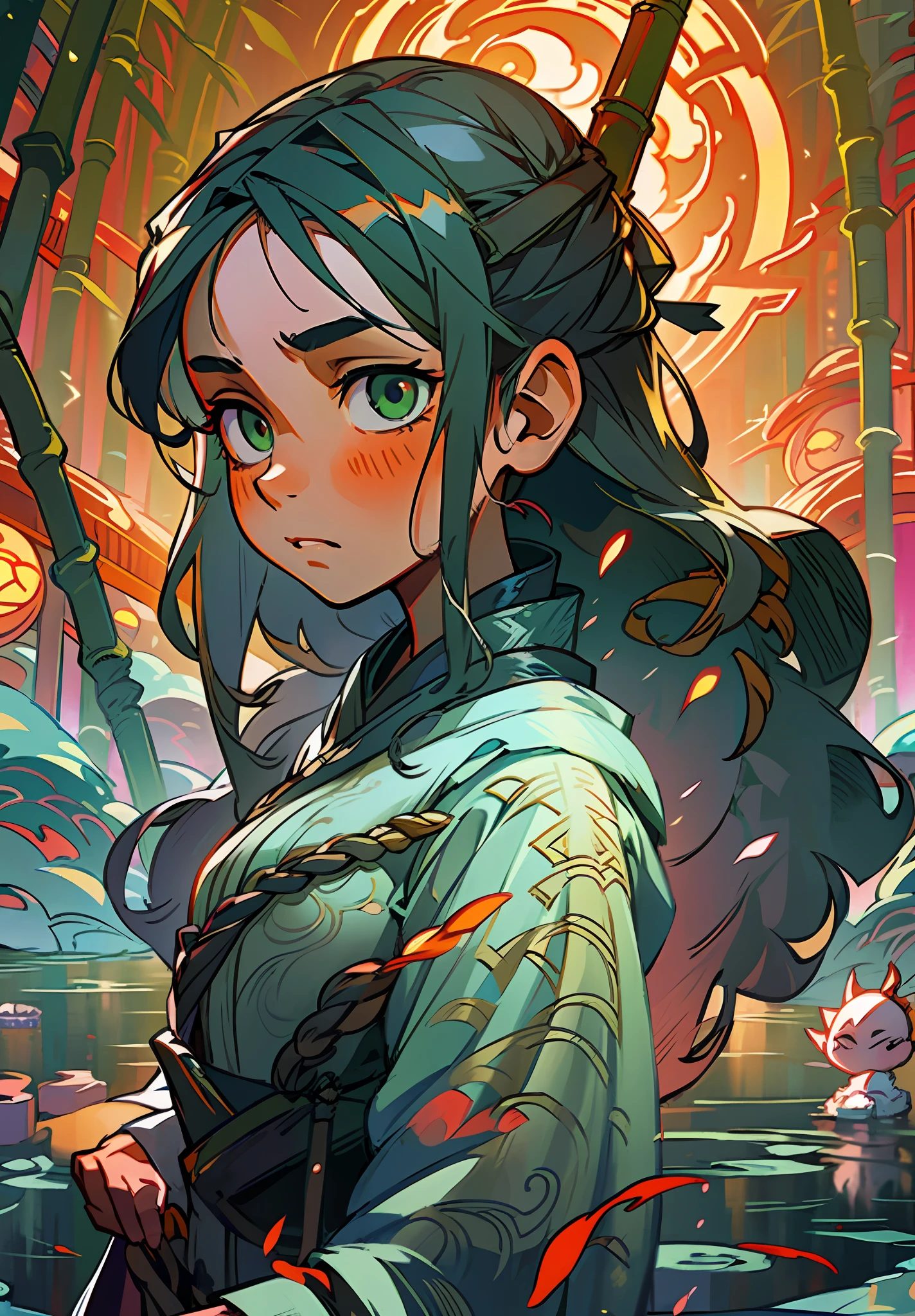 Masterpiece, Best Quality, Ultra Detailed, 1 Girl, on this cold autumn night, a mysterious and leisurely bamboo forest scene, a young girl wearing a light veil and a sad face stands on the bridge. She stared at the stream quietly, as if thinking about something. A creek babbling, a sea of clouds and a starry sky intertwined, and an antique bridge spans it, under which a few fallen leaves and bamboo leaves float. Starlight dotted in this secluded bamboo forest adds infinite spirituality to this beautiful scene. The whole scene presents low-saturation colors, with gray blue, light gray, dark green, dark green, dark purple and dark blue as the main tones, giving people a cool, aesthetic and elegant feeling. This color also provides an ideal basis for expressing mysterious, psychedelic emotions. The style of this scene can be described as antique, fairy, ink painting and landscape mood. They all have the characteristics of traditional Chinese culture, and they are very good at depicting the artistic conception of mountains and rivers, and combine them with fairy tale elements to show an otherworldly temperament. At the same time, the painting also presents the artistic style of ink painting, making the whole scene more elegant and poetic. The girl's sad emotions reflect the whole painting, which makes people have endless reverie. Her dress also reflects the beauty, elegance and antique of the whole painting, adding a bit of tenderness and warmth to the whole painting