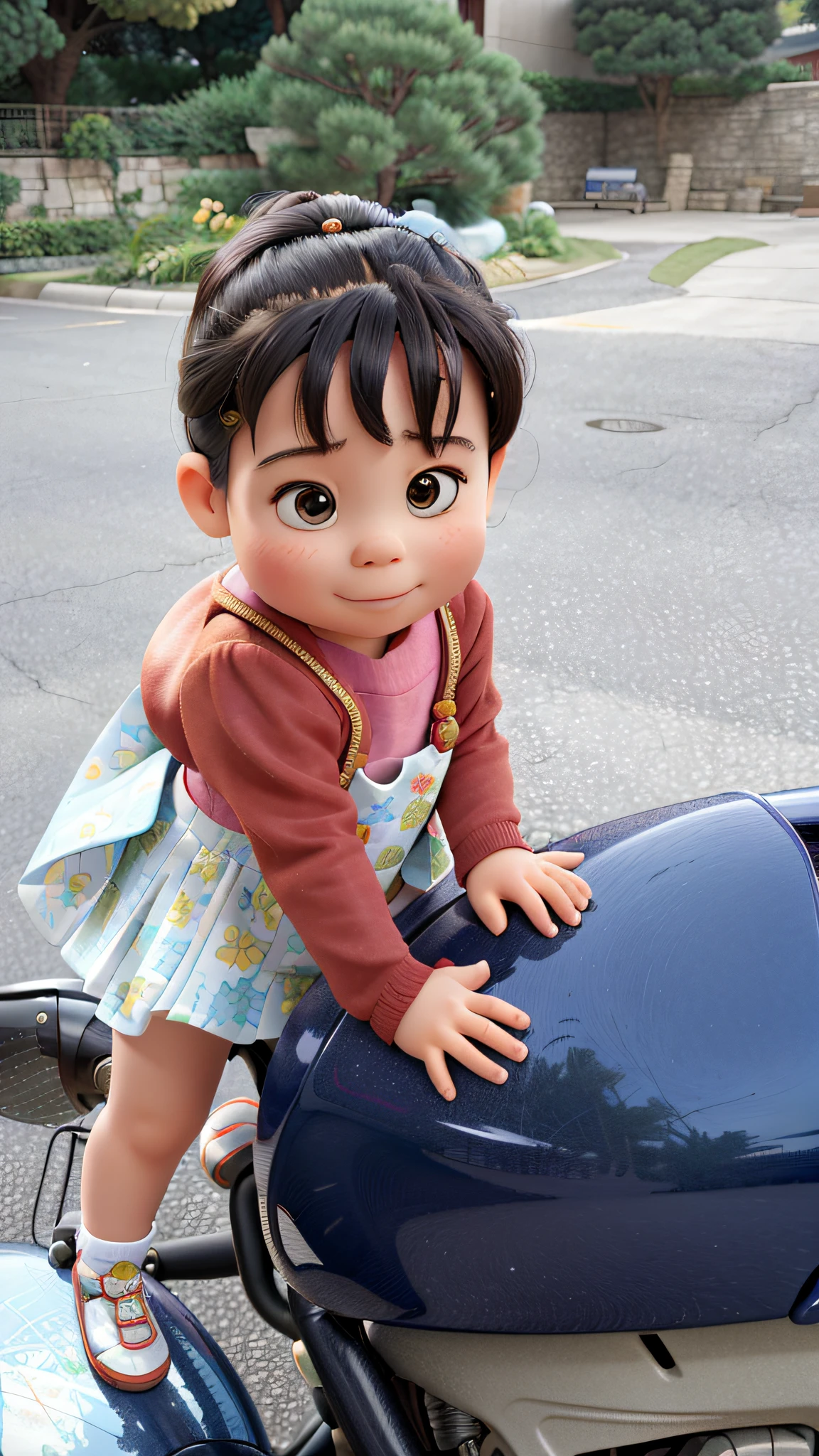 There is a  standing on motorcycle, young asian girl, cute little girlg cute wan asian face, little girl lookiung child, toddler, cute yoirl, porait image, young cute, cute girl, cute doting eyes, round cheeks, beautiful cute, Asian, curious expression