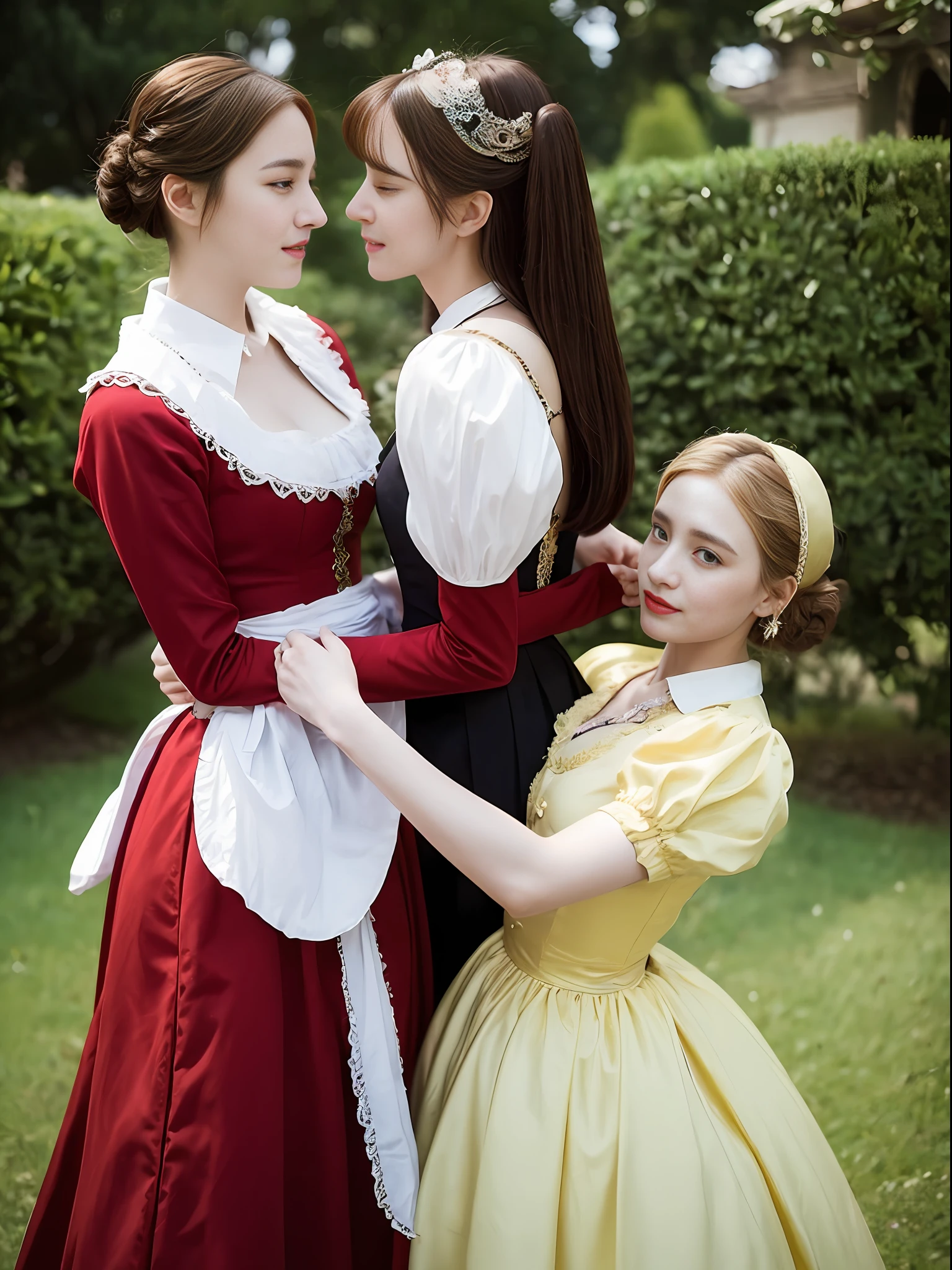 Historical fantasy period, two girls, maid and noble lady of the nobility, lesbian couple, in love, seeing each other in the eyes