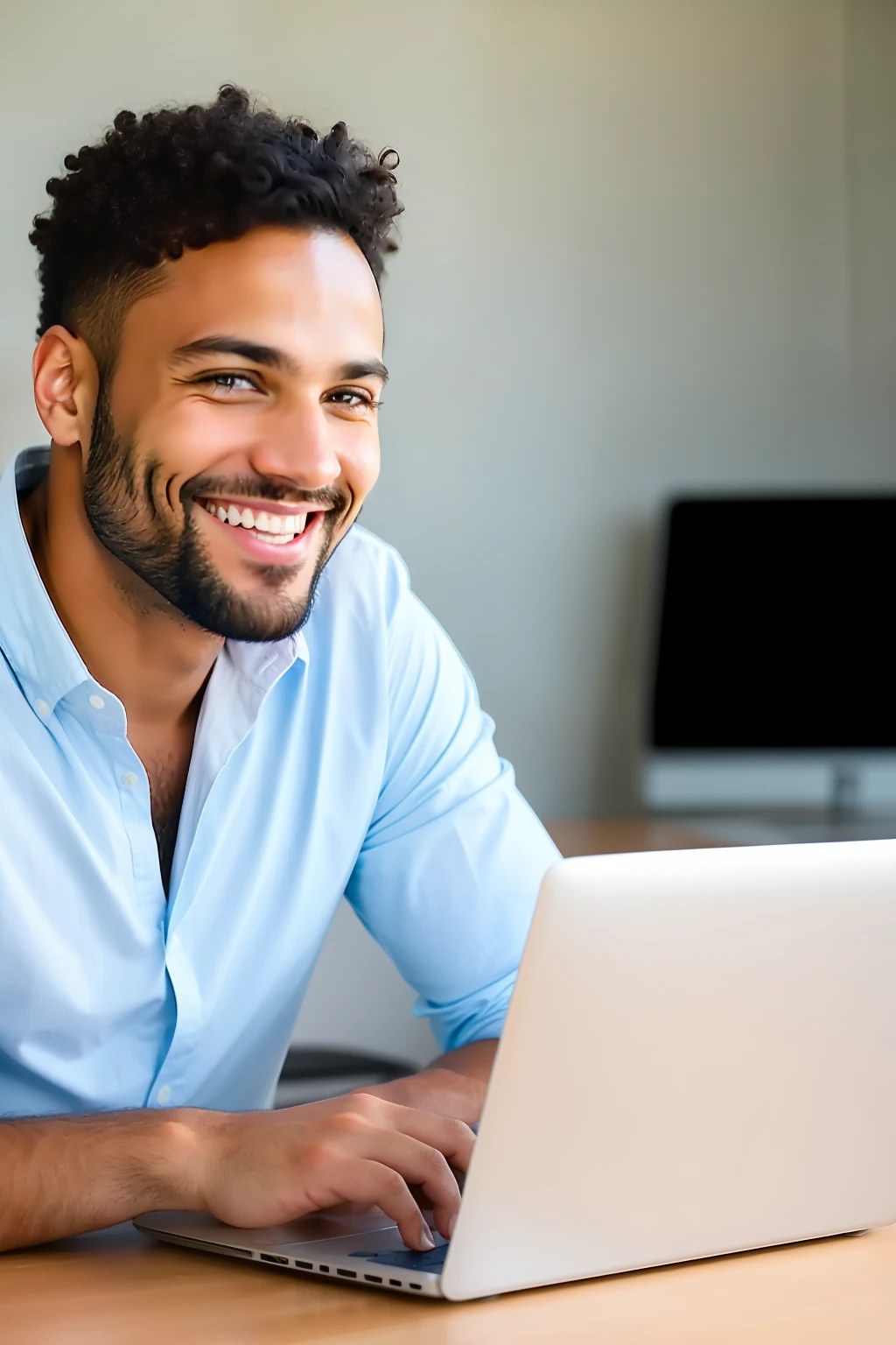 Smiling man working from home on the computer.