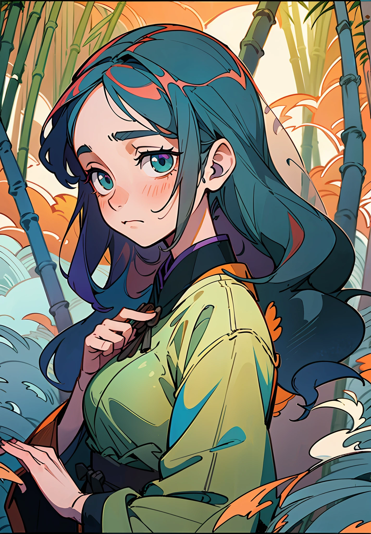 Masterpiece, Best Quality, Ultra Detailed, 1 Girl, on this cold autumn night, a mysterious and leisurely bamboo forest scene, a young girl wearing a light veil and a sad face stands on the bridge. She stared at the stream quietly, as if thinking about something. A creek babbling, a sea of clouds and a starry sky intertwined, and an antique bridge spans it, under which a few fallen leaves and bamboo leaves float. Starlight dotted in this secluded bamboo forest adds infinite spirituality to this beautiful scene. The whole scene presents low-saturation colors, with gray blue, light gray, dark green, dark green, dark purple and dark blue as the main tones, giving people a cool, aesthetic and elegant feeling. This color also provides an ideal basis for expressing mysterious, psychedelic emotions. The style of this scene can be described as antique, fairy, ink painting and landscape mood. They all have the characteristics of traditional Chinese culture, and they are very good at depicting the artistic conception of mountains and rivers, and combine them with fairy tale elements to show an otherworldly temperament. At the same time, the painting also presents the artistic style of ink painting, making the whole scene more elegant and poetic. The girl's sad emotions reflect the whole painting, which makes people have endless reverie. Her dress also reflects the beauty, elegance and antique of the whole painting, adding a bit of tenderness and warmth to the whole painting