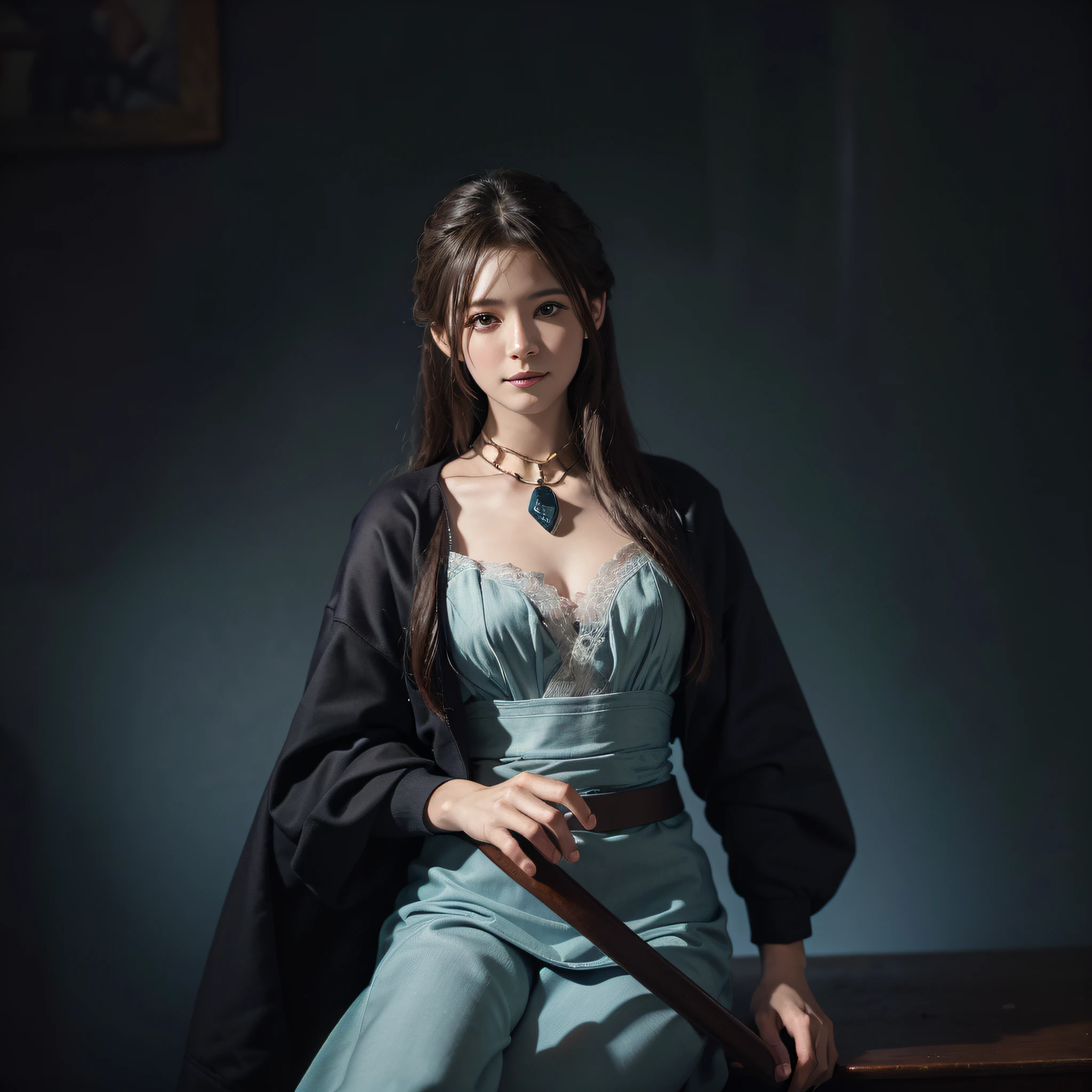 (Front Focus), (In the Dark: 1.6), Portrait of a Female Hyperrealist by David Hockney and Alphonse Mucha, Fantasy Art, Photorealistic, Dynamic Lighting, Art Station, Posters, Volumetric Lighting, Highly Detailed Face, 4k, Award-Winning, 1girl, In the Dark, Deep Shadows, Low Key, Cowboy Shot, (Official Clothes: 1.4), Long Hair, Gray Hair, Smile, Super Detailed Skin, Cute