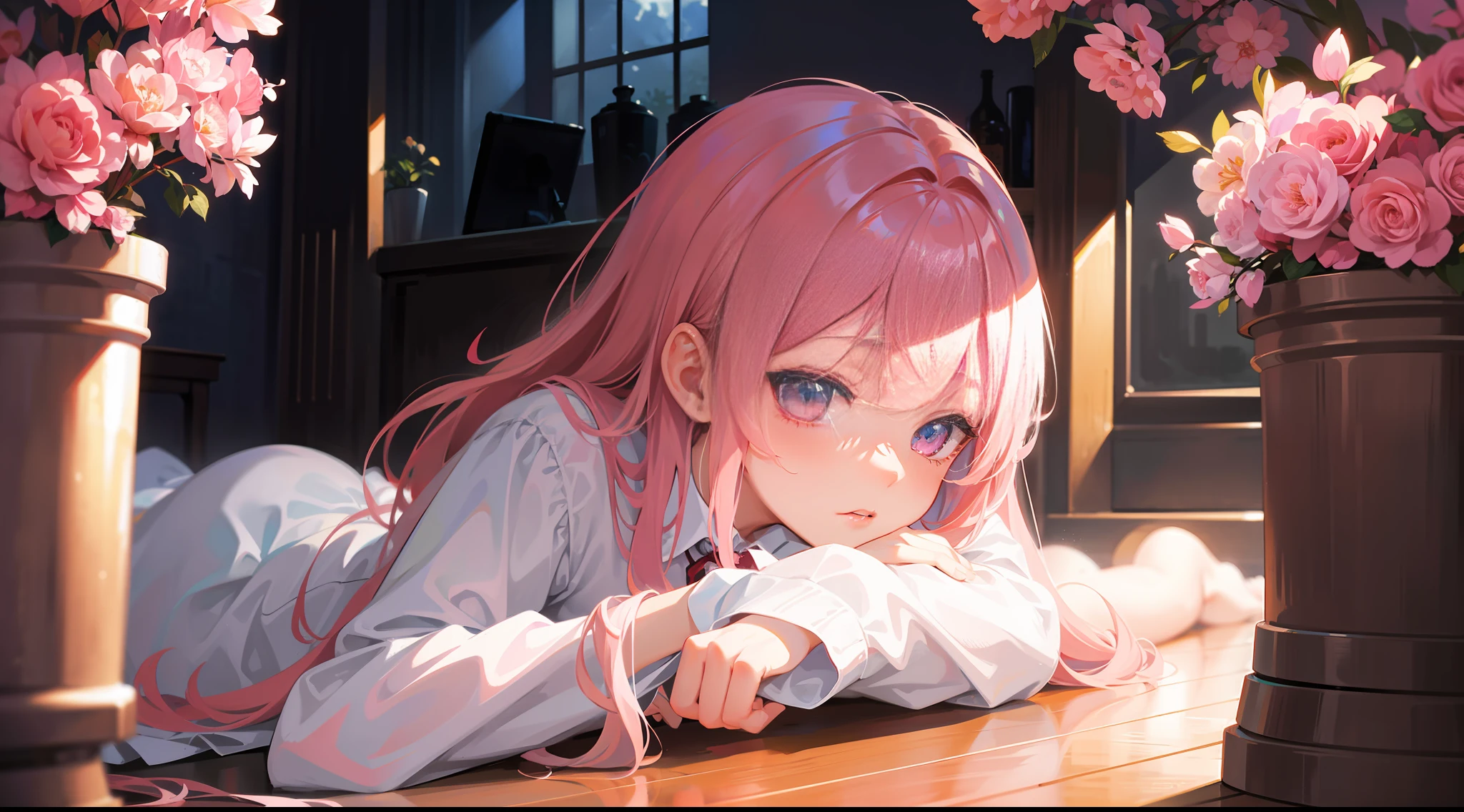 Masterpiece, best quality, super detailed, illustration, beautiful detailed eyes, close up, 1 girl, pink hair, white dress, in the room, squatting on the floor