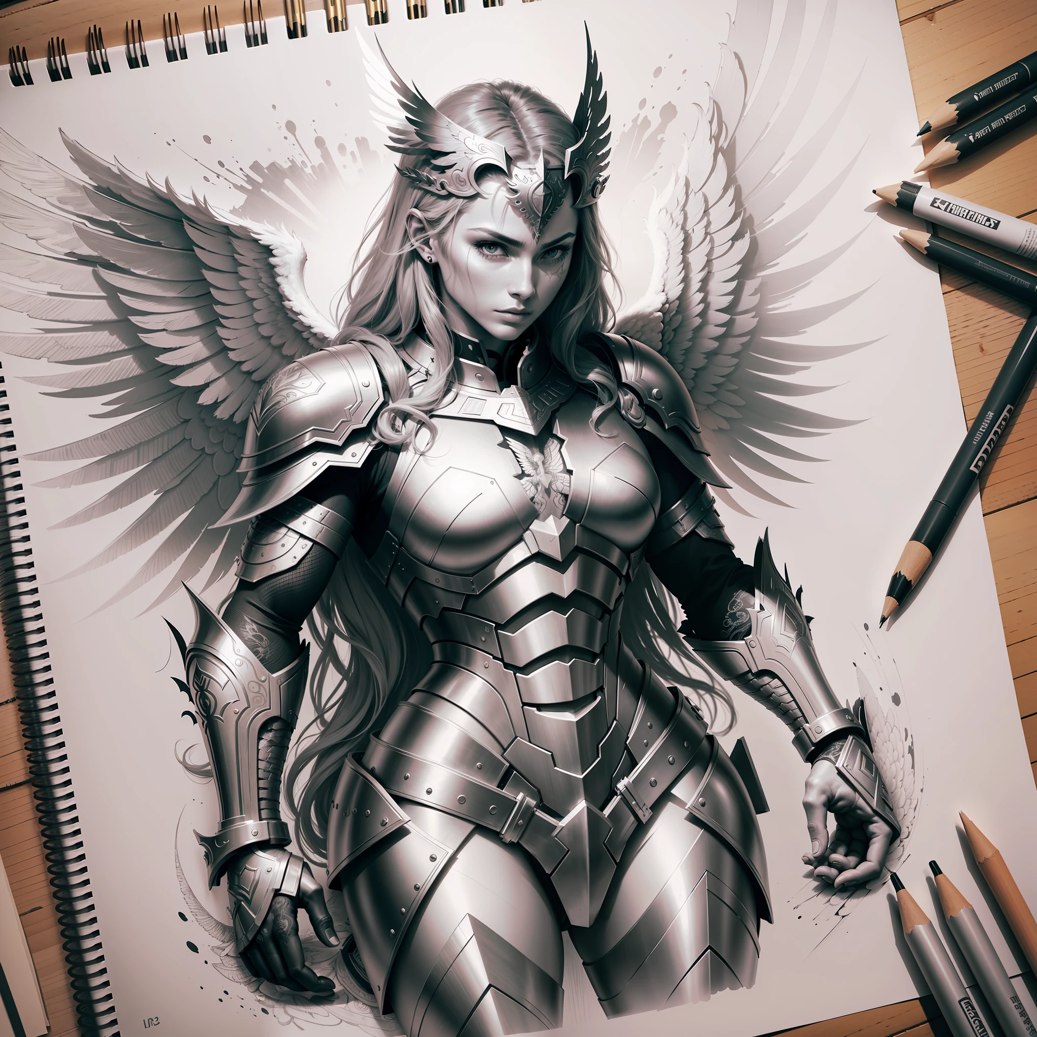 Drawing of an archangel with full armor for tattooing, drawing with pencil sketch style, black and white --auto --s2
