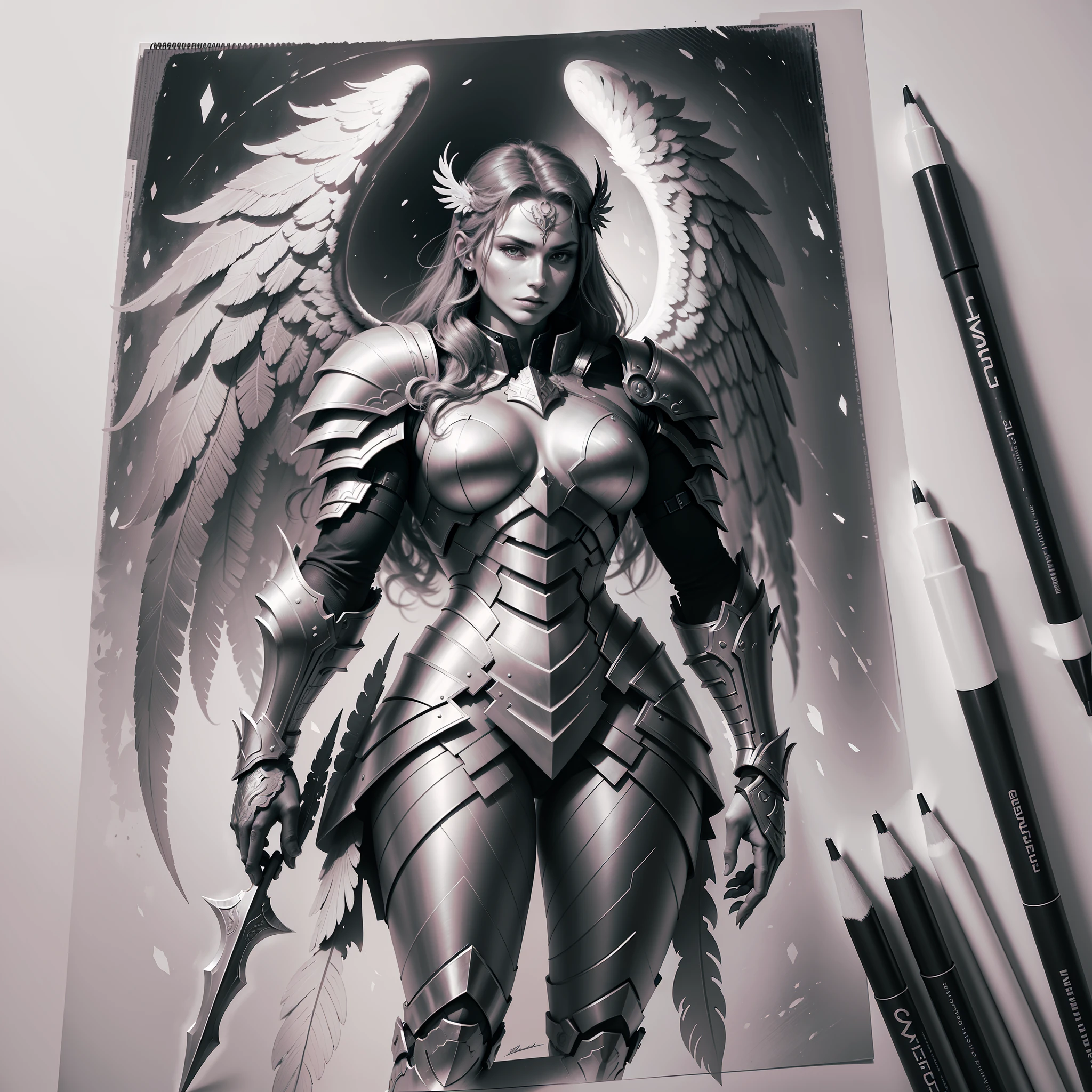 Drawing of an archangel with full armor for tattooing, drawing with pencil sketch style, black and white --auto --s2