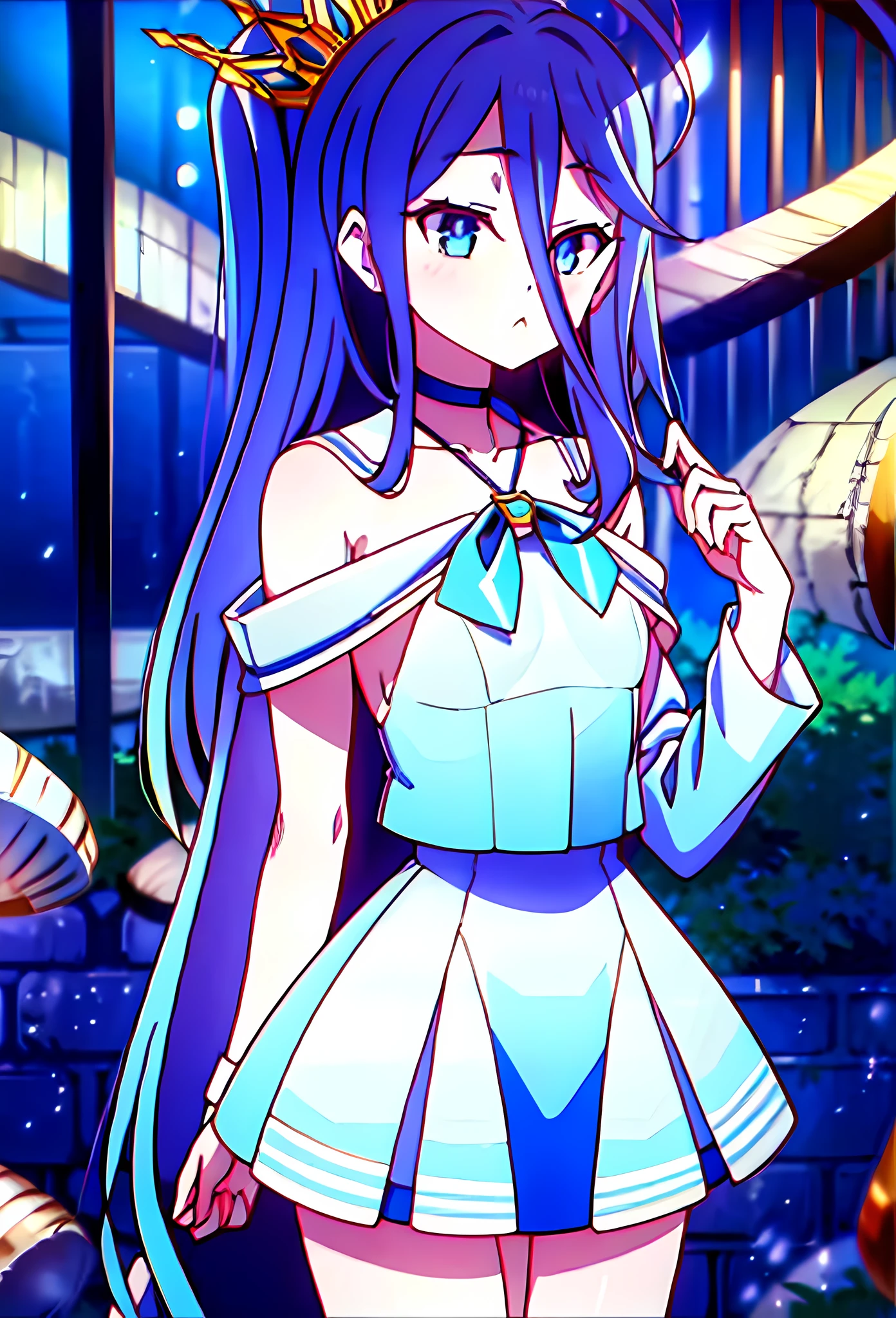 {{{{masterpiece, realistic, extremely detailed, intricate details, sharp focus, 8K, highres, depth of field, absurdres, high quality facial shadowing, dynamic shadowing, cinematic lighting, perfect lighting}}}}, best quality, asian qualities, {facing viewer}, {hands behind back}, {solo}, beautiful young girl, {{{extremely detailed girl, perfect anatomy, perfect body}}}, {{{beautiful-detailed luscious waist-length brown hair}}}, {{{beautiful-detailed single-left-side shoulder length ponytail}}}, {{{luscious multi-layered hair}}}, {{beautiful-detailed facial structure}}, {{detailed beautiful face}}, {{detailed face:1.33}}, {{beautiful-detailed eyes}}, {{{{detailed black to bright blue eyes}}}}, {{{{high-detailed sharp clear unclouded pupils}}}}, {{{{vibrant eye colors}}}}, small boobs, {{slim arms}}, {{slim waist}}, {{thick thighs}}, {{{{beautiful-detailed fingers}}}}, {{{detailed legs}}}, {{{blushing}}}, {{cute shy expression}}, fashion, {{{beautiful-detailed small simple golden crown}}}, {{{ simple-detailed white gem choker}}}, {{{{detailed white school short shirt}}}}, {{{beautiful-detailed light blue bow ribbon}}}, {{{detailed light blue plain mini-skirt}}} {{{detailed black socks}}}, {{{wearing brown leather school shoes}}, {{{standing against a wooden high fence on a brick pathway and a stream is running next to the person}}}, {enhanced background}, {{people walking past in the background}}