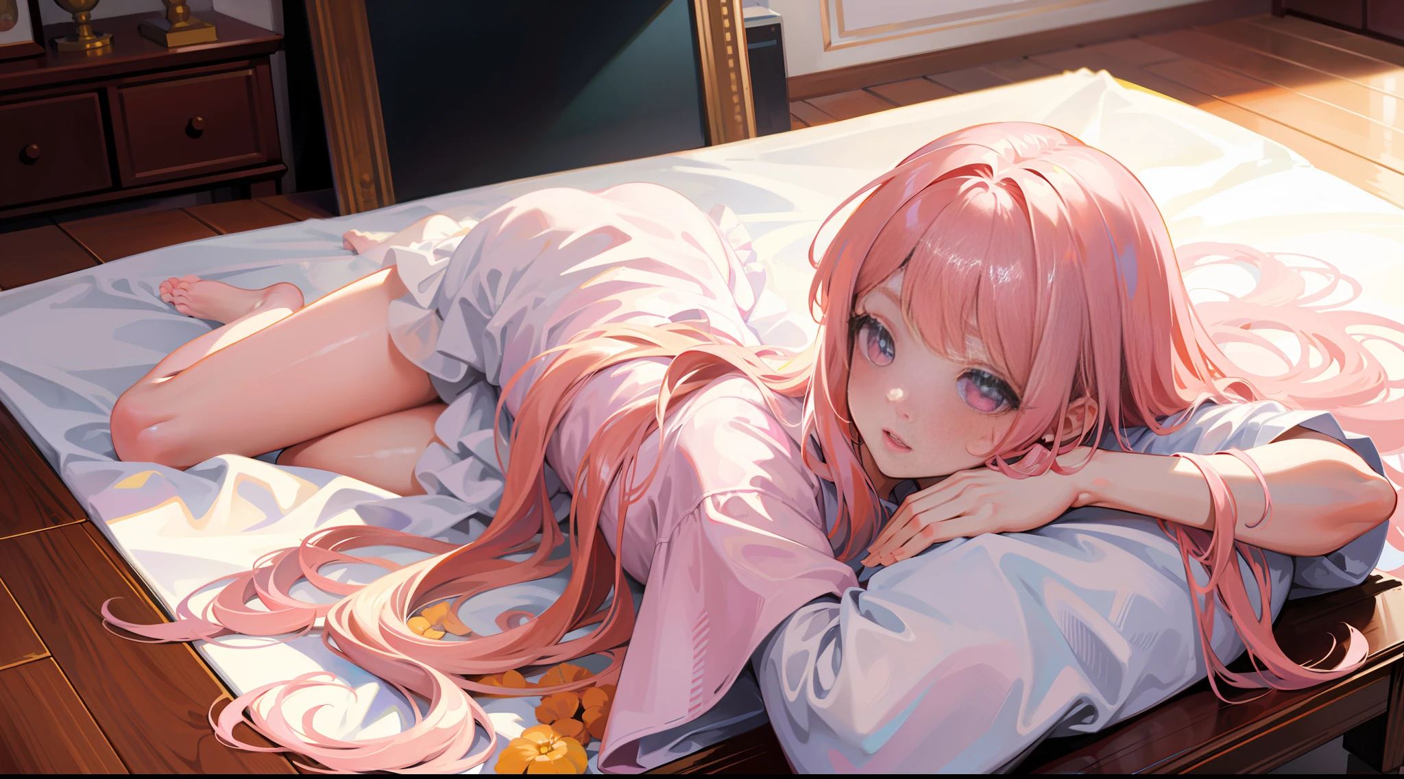 Masterpiece, best quality, super detailed, illustration, beautiful detailed eyes, close up, 1 girl, pink hair, white dress, in the room, squatting on the floor