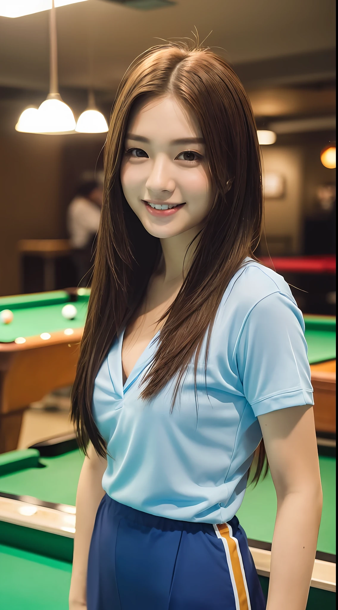 RAW photo, standing in a pool hall with pool table next to you, top quality, realistic, realistic, very detailed, very refined and beautiful with a smile on the face professional lighting, face lighting, depth of field, single focus, full body, 20 years old woman, brown hair, brown eyes, small head, ((((big)), fashion girl, beautiful eyes, real face, real skin, real face, realistic skin, detailed eyes, playing billiards, (fashion hairstyle: 1.3 dynamic pose, viewer, detailed face and chest appearanceannouncer