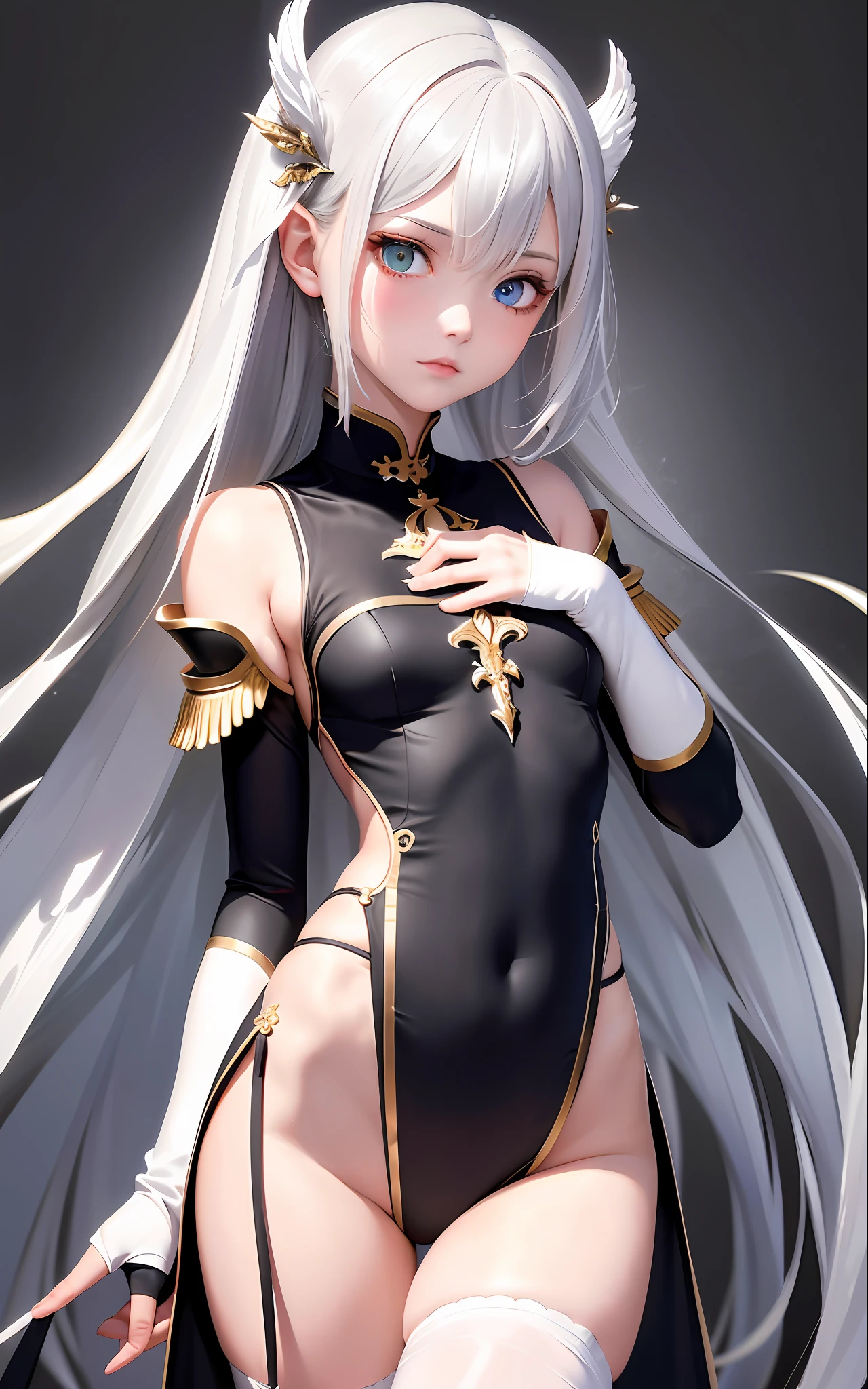 Superb Piece, High Resolution, Best Quality, UHD, Super Detail, Award-Awarded, 16k, (Upper Body), A Beautiful Maiden, Gray Hair, Hair, ((Heterochromia), Hanging Corners, Fair Skin, (Small Breasts), (Slim Body), (Garreg Mach Monastery uniform))