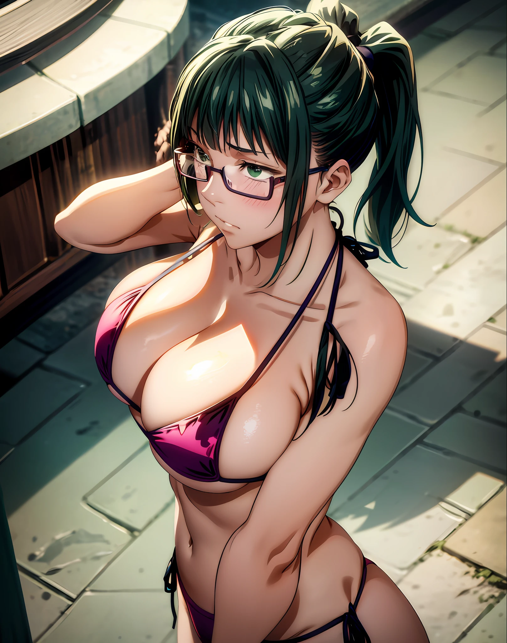 cleavage between breasts,looking ahead,paw pose,large breasts, (micro bikini:1.5),1girl, cowboy shot, beautiful zenin_maki,ponytail,glasses,bangs,green hair,brown eyes, medium breasted, cowboy shot, indoors, stereoscopic lighting, best quality, masterpiece, Intricate Detail, Tone Mapping, Sharp Focus, Hyper Detail, Trending in Artstation,bikini,embarrassed,blush,from side