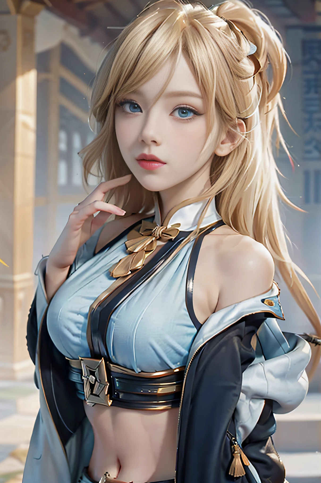 (Masterpiece, Best Quality, Big Breasts, Realism, Real, Photo: 1.4), Ji Xiaoman, Blonde, (Ulzzang-6500-V1.1:0.7), Very cute face, blue eyes, upper body, Big breasts, Real, photo