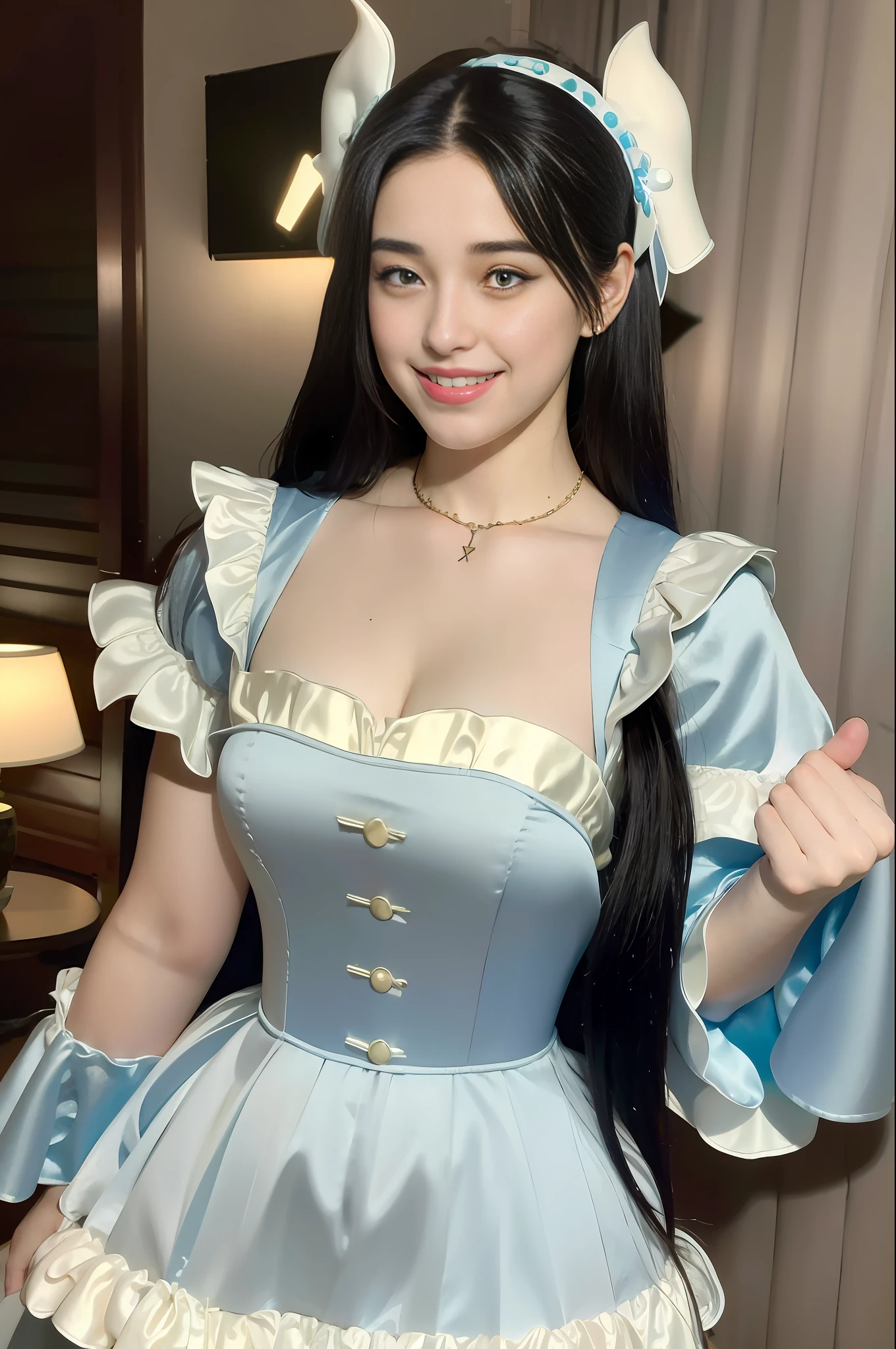 best quality, masterpiece, Lauren Jauregui smiling, alone, looking at the viewer, cosplay, blue eyes, white lolita