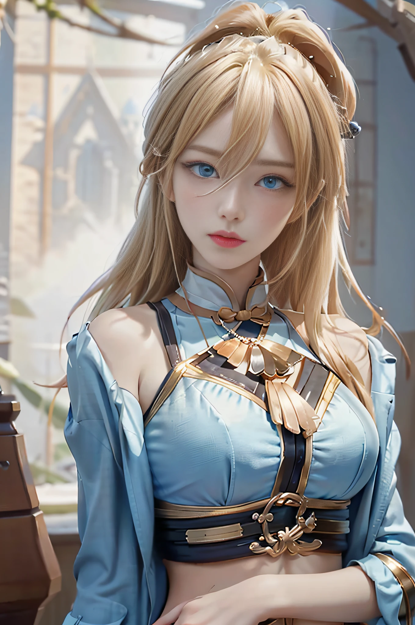 (Masterpiece, Best Quality, Big Breasts, Realism, Real, Photo: 1.4), Ji Xiaoman, Blonde, (Ulzzang-6500-V1.1:0.7), Very cute face, blue eyes, upper body, Big breasts, Real, photo