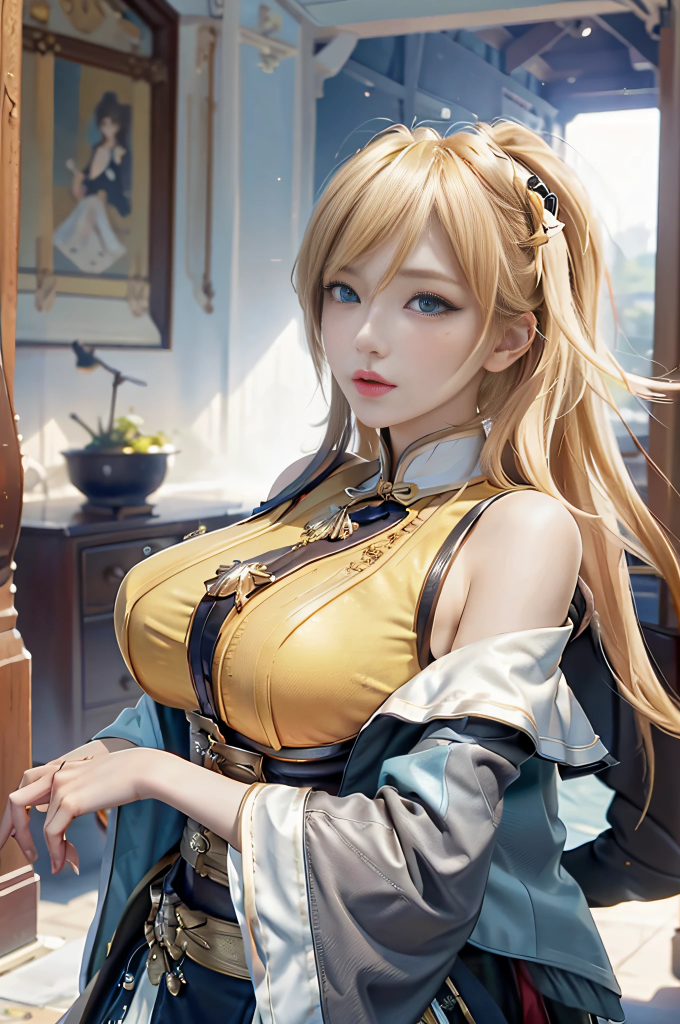 (Masterpiece, Best Quality, Big Breasts, Realism, Real, Photo: 1.4), Ji Xiaoman, Blonde, (Ulzzang-6500-V1.1:0.7), Very cute face, blue eyes, upper body, Big breasts, Real, photo