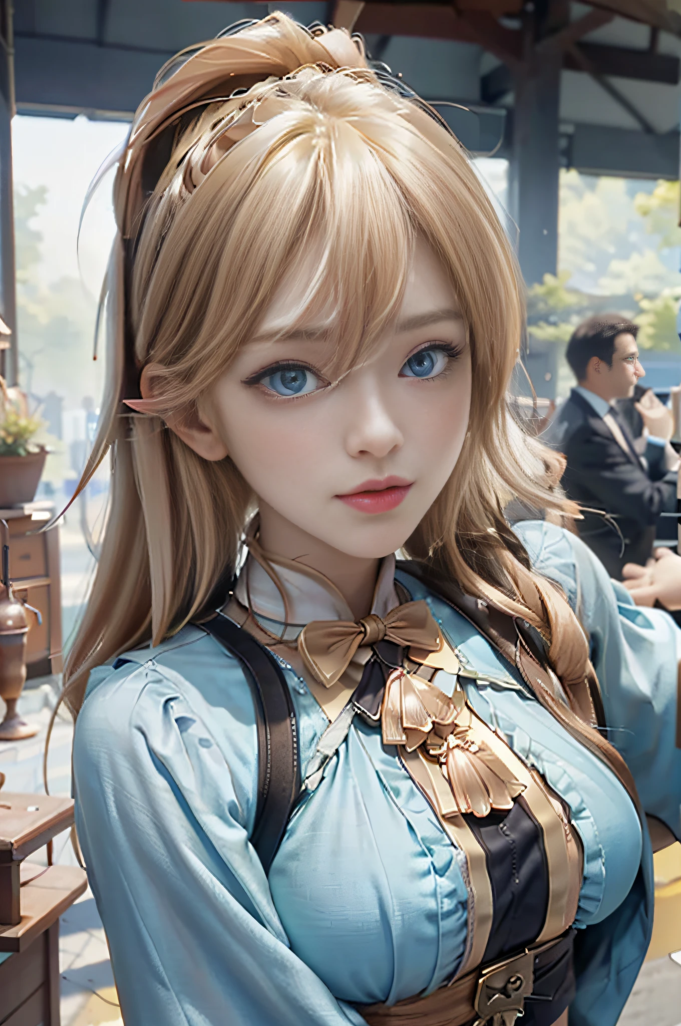 (Masterpiece, Best Quality, Big Breasts, Realism, Real, Photo: 1.4), Ji Xiaoman, Blonde, (Ulzzang-6500-V1.1:0.7), Very cute face, blue eyes, upper body, Big breasts, Real, photo