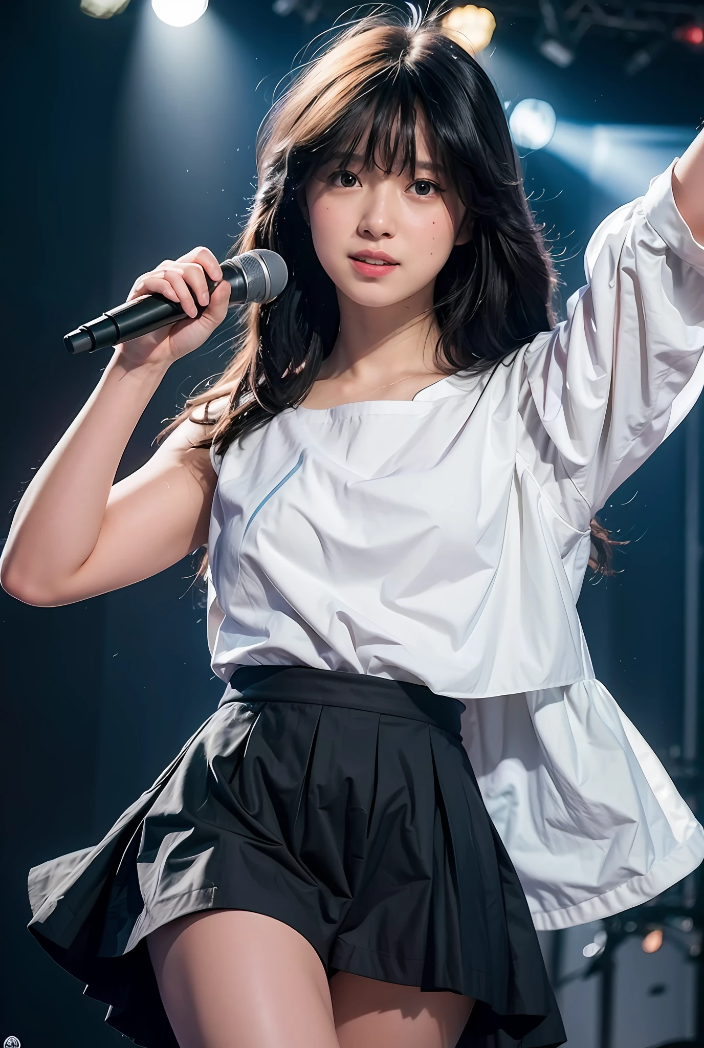 (Masterpiece, Realistic, Ultra High Definition, Best Quality: 1.2), Girl 1, Solo, (Youth), No Makeup, (Black Hair), Smile, Japan Idol, Singing on Stage, Holding Microphone in Hand, Idol Singing Costume, White Idol Dress, Sleeveless, Armpits, (Akina Nakamori), Photorealistic, Stage Lighting, Live Venue, Stage Spotlight, Lights Version, (pureerosface_v1:0.8)