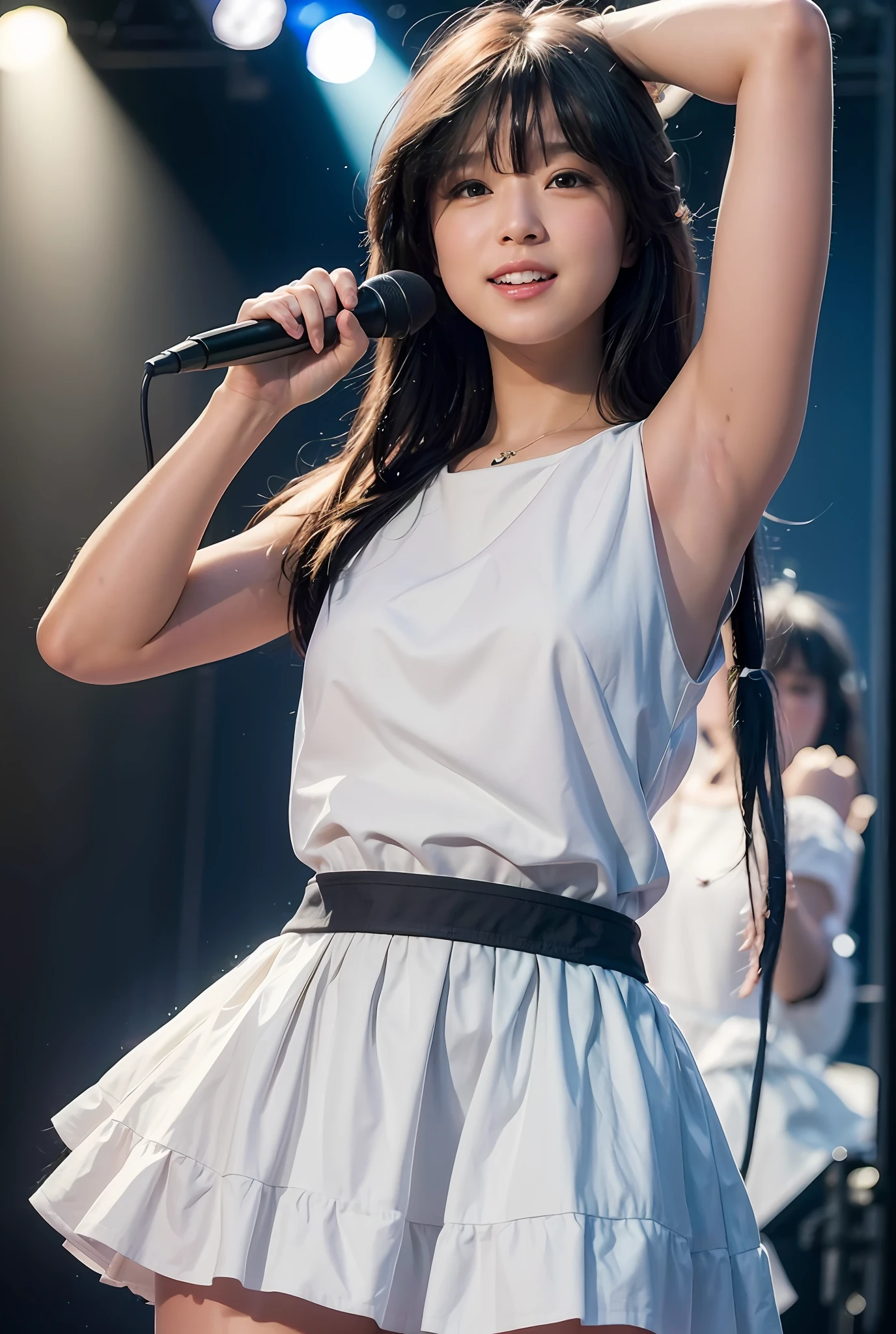 (Masterpiece, Realistic, Ultra High Definition, Best Quality: 1.2), Girl 1, Solo, (Youth), No Makeup, (Black Hair), Smile, Japan Idol, Singing on Stage, Holding Microphone in Hand, Idol Singing Costume, White Idol Dress, Sleeveless, Armpits, (Akina Nakamori), Photorealistic, Stage Lighting, Live Venue, Stage Spotlight, Lights Version, (pureerosface_v1:0.8)