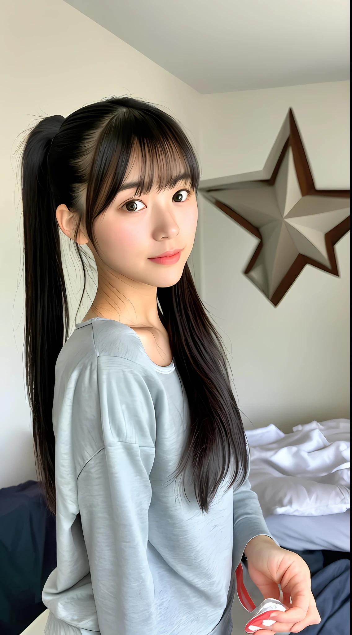 Realistic photos of (1 cute star) shoulder length hair, ponytail, light makeup, bangs, (small), clear facial features, 8K high resolution, sharp and realistic details, full body, own room, changing (underwear), changing clothes, f/4.0, 135mm, fujifilm, jpeg artifacts, dithering, UHD, masterpiece, blur, schoolgirl, underwear, white