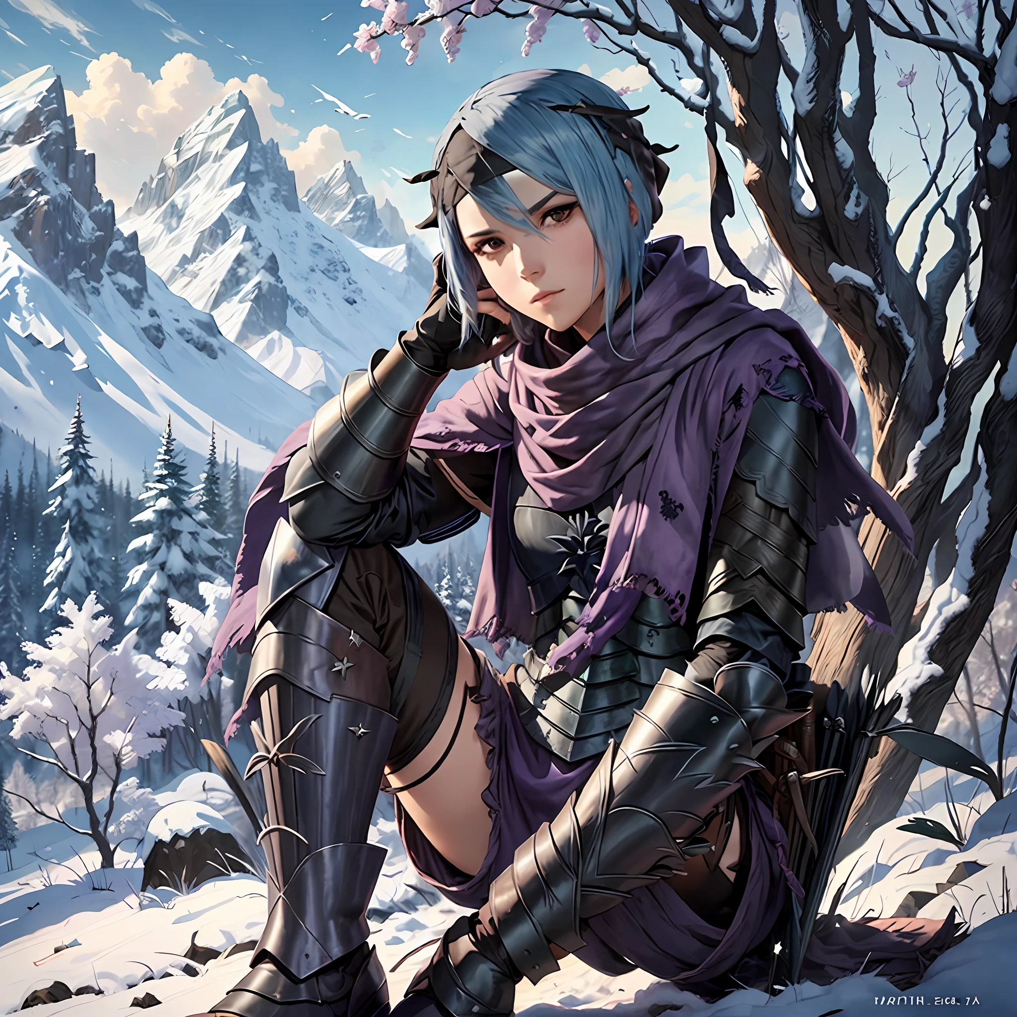 masterpiece, best quality, beruka, bandana on head, purple scarf, armor, gauntlets, black gloves, pants, boots, sitting, in front, morning, trees, mountain,