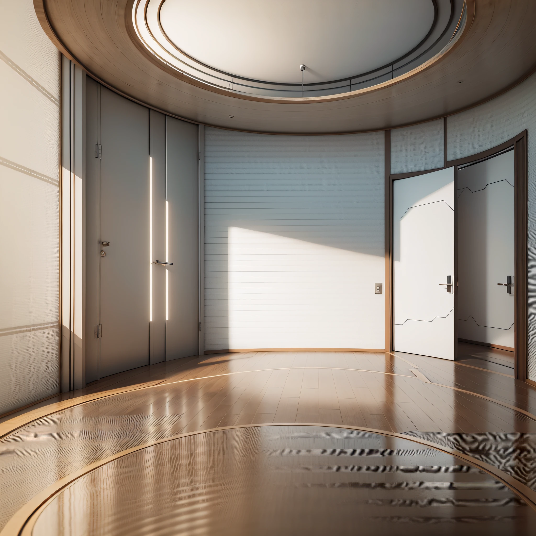 Big interior with large mock-up canvas and circular arc entrance to another space. Minimalistic style with full of empty space. 3D render illustration --auto --s2