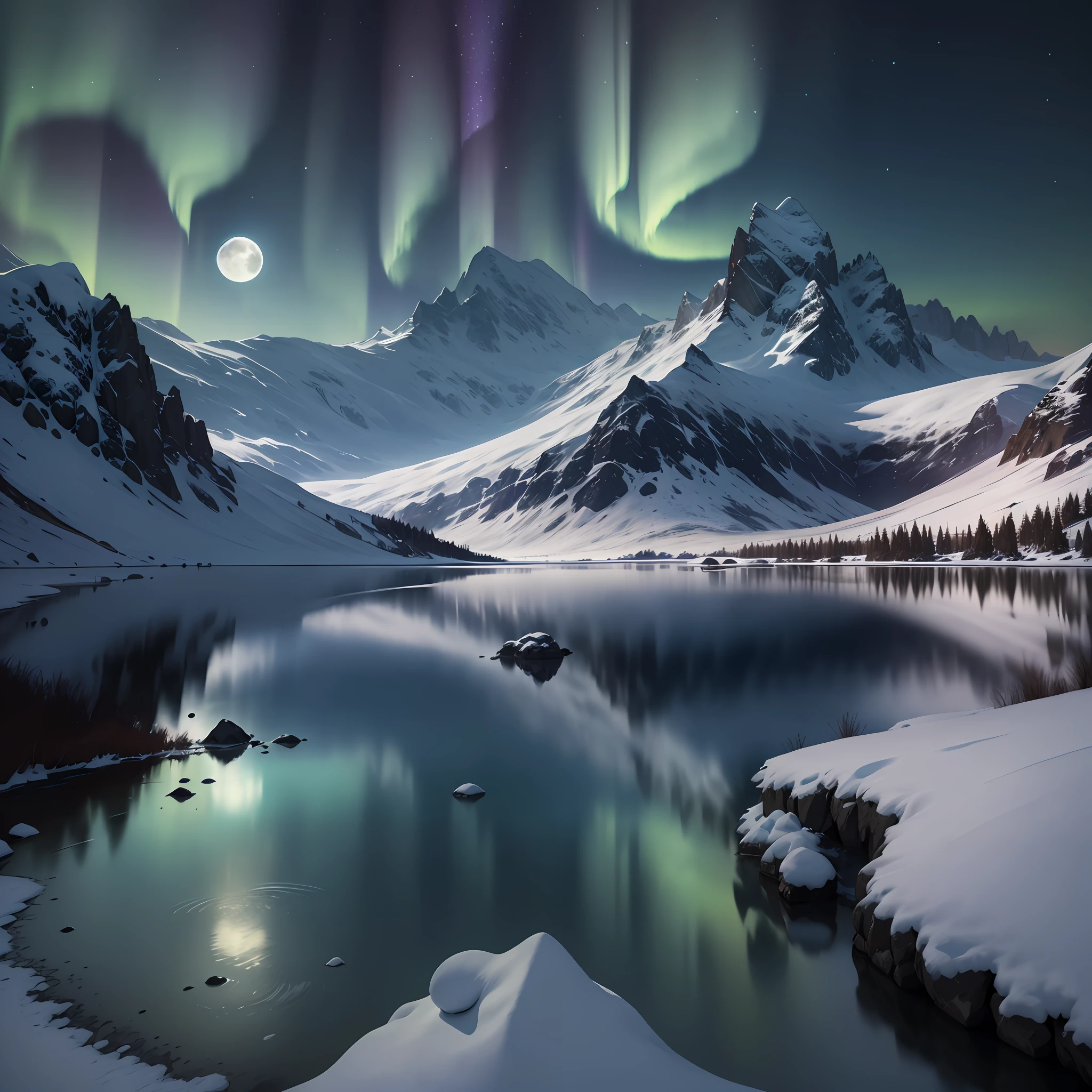 mountains and a lake with a moon in the sky, 4k highly detailed digital art, 4k hd very detailed wallpaper, night snow landscape, voreal aurora, desktop wallpaper, unreal engine 4k wallpaper, 4k detailed digital art, wallpaper, epic landscape of nordic fantasy, 4k hd matte digital painting, 8k stunning art (high definition)