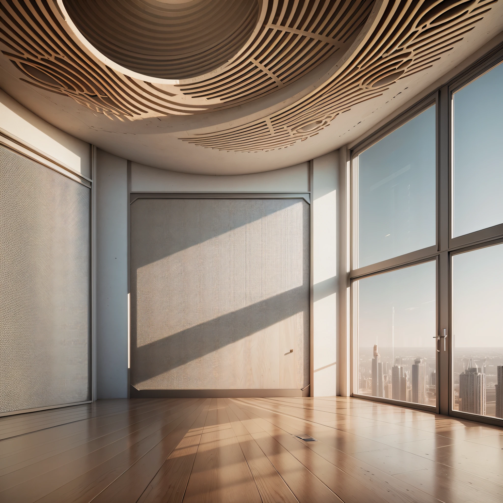 Big interior with large mock-up canvas and circular arc entrance to another space. Minimalistic style with full of empty space. 3D render illustration --auto --s2