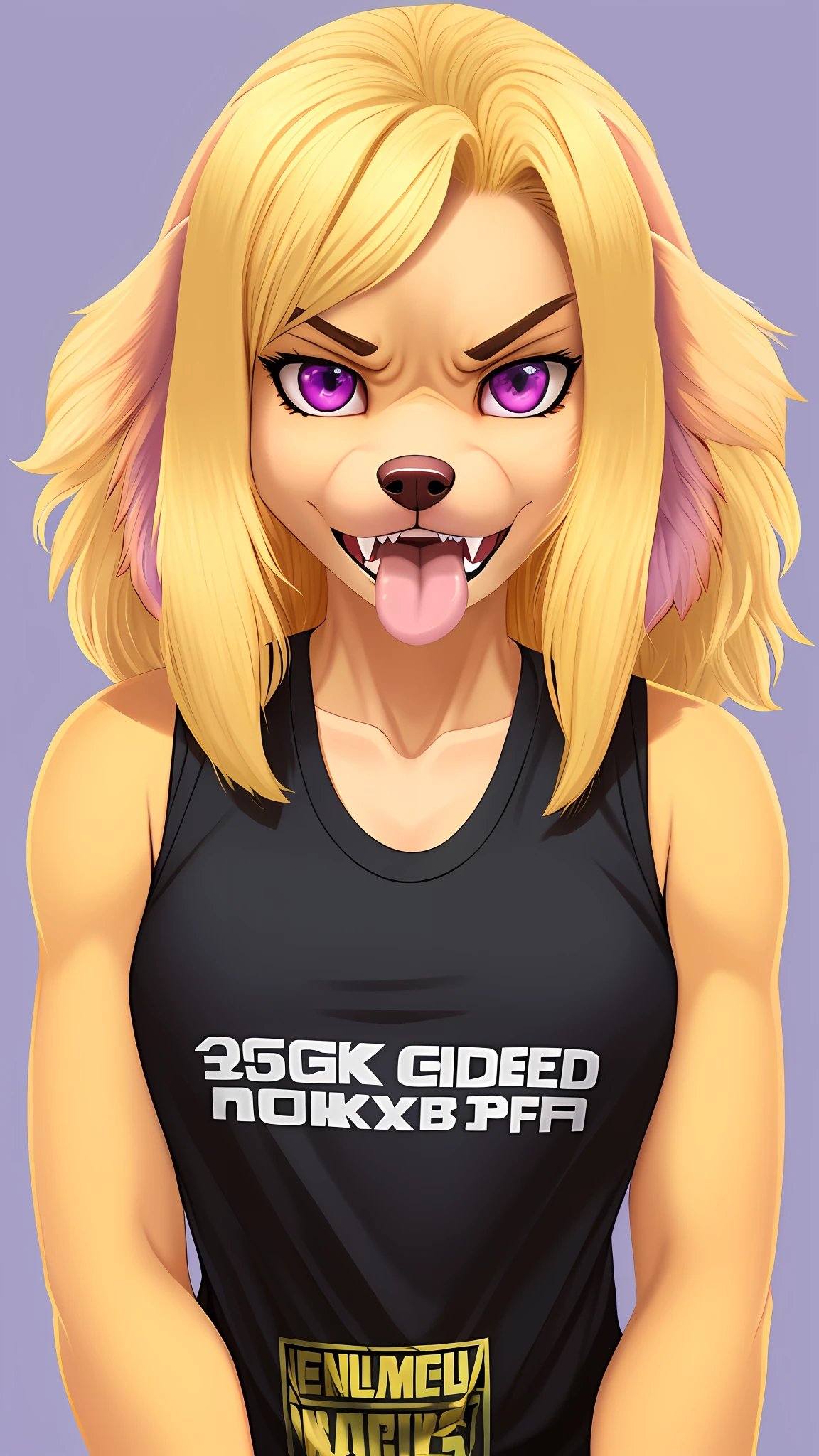 1girl, solo, furry female, tongue, purple eyes, furry, animal ears, dog girl, dog ears, animal nose, upper body, portrait, snout, blonde hair, teeth, collarbone, shirt, black shirt, tank top, angry, snarl, body fur, fangs, flat color, sleeveless shirt, looking at viewer, yellow fur, blonde fur, solid color fur, spaniel, golden retriever, ears as hair, lop ears