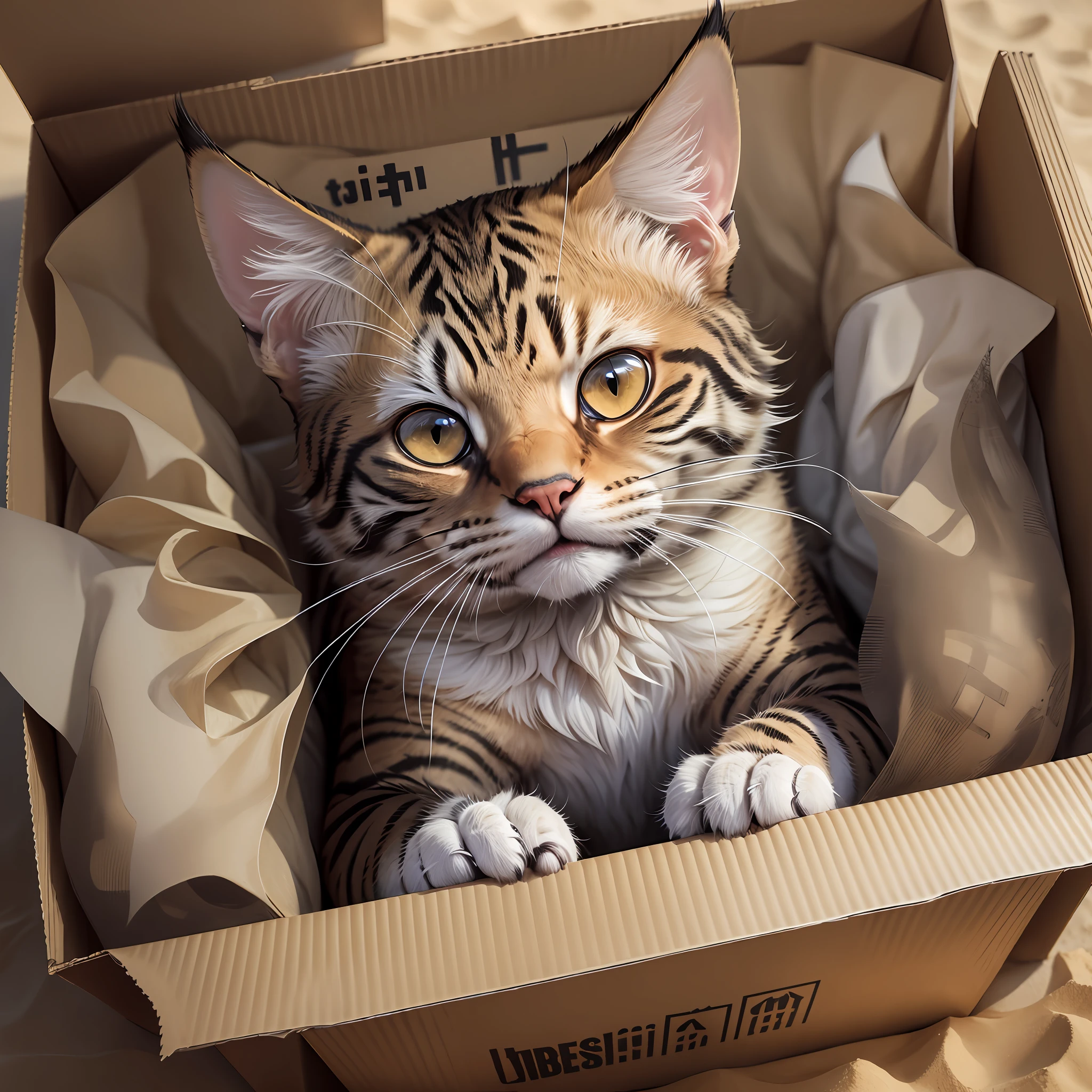 "1 Cat, whole body, totally decomposed inside a box, sand over his body, frightening look, in a climate of terror and horror." --auto --s2