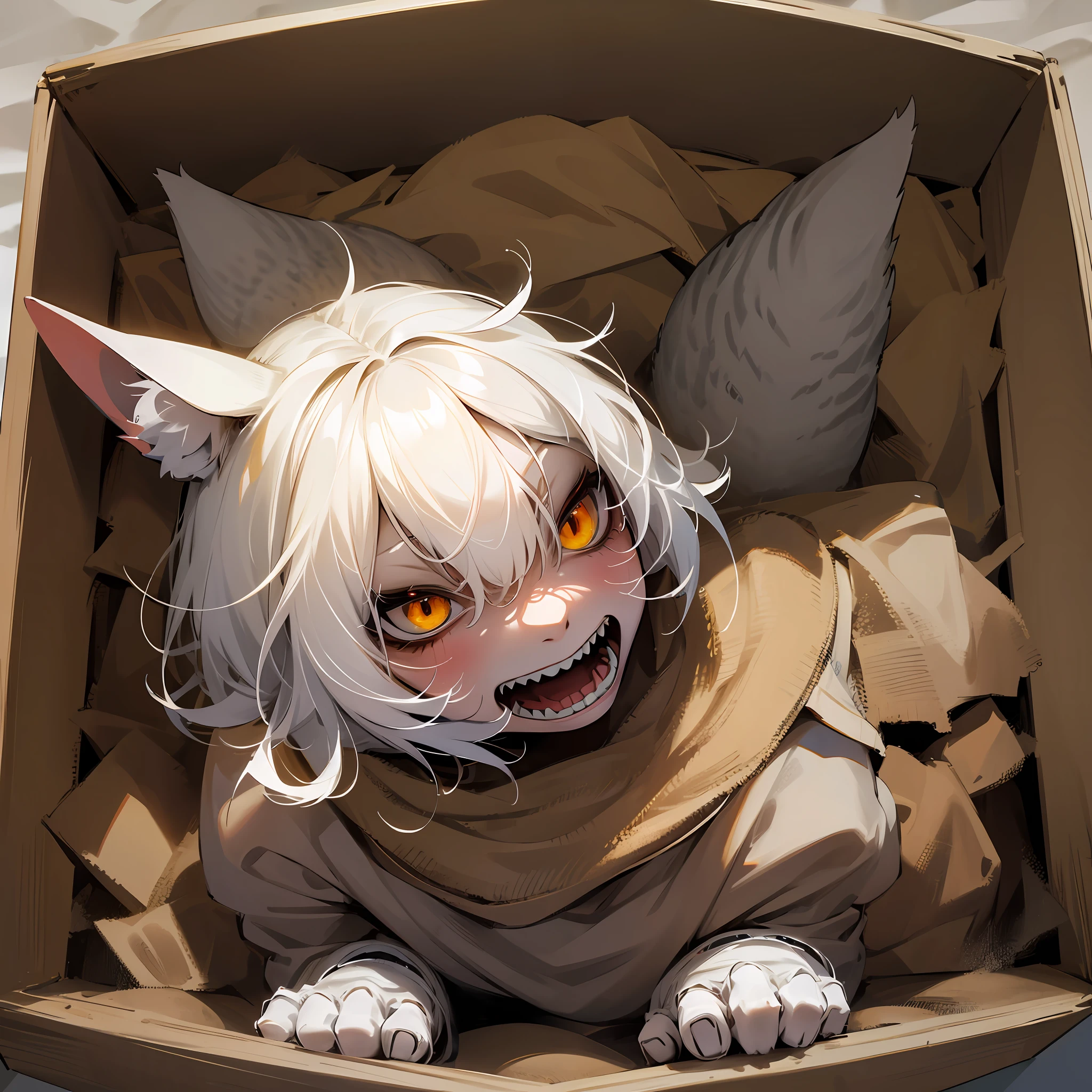 "1 Cat, totally decomposed inside a box, covered in sand, looking scary, in a climate of terror and horror." --auto --s2
