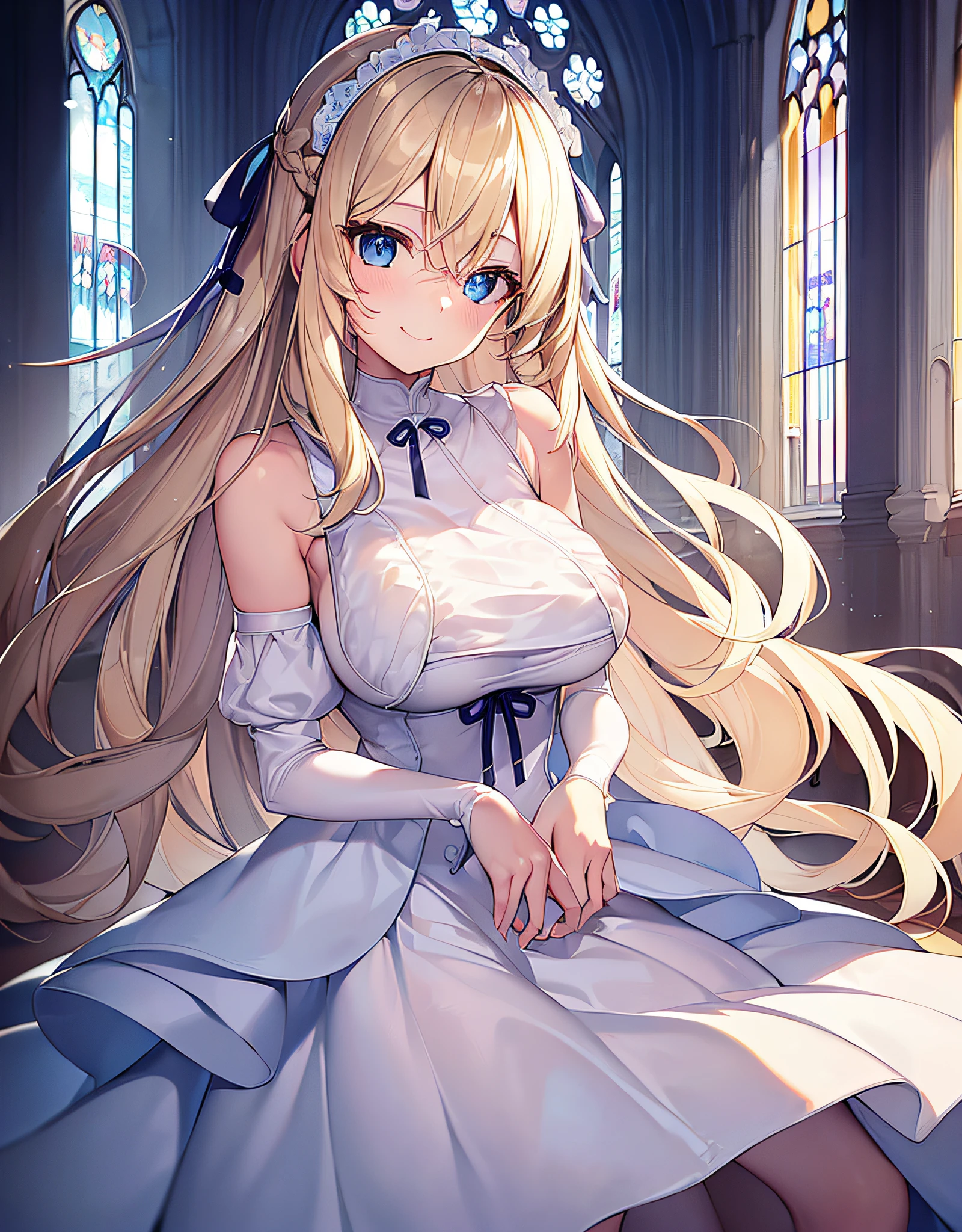 ((Best Quality, Masterpiece)),Church,Thin Blonde Hair,Straight Hair,Long Eyelashes,Light Blue Eyes,Smile,Ribbon in Hair,Gentle Expression,Bangs Bangs Bangs,White One Shoulder Dress,【Big:1.5】,(Breast Augmentation:1.5)