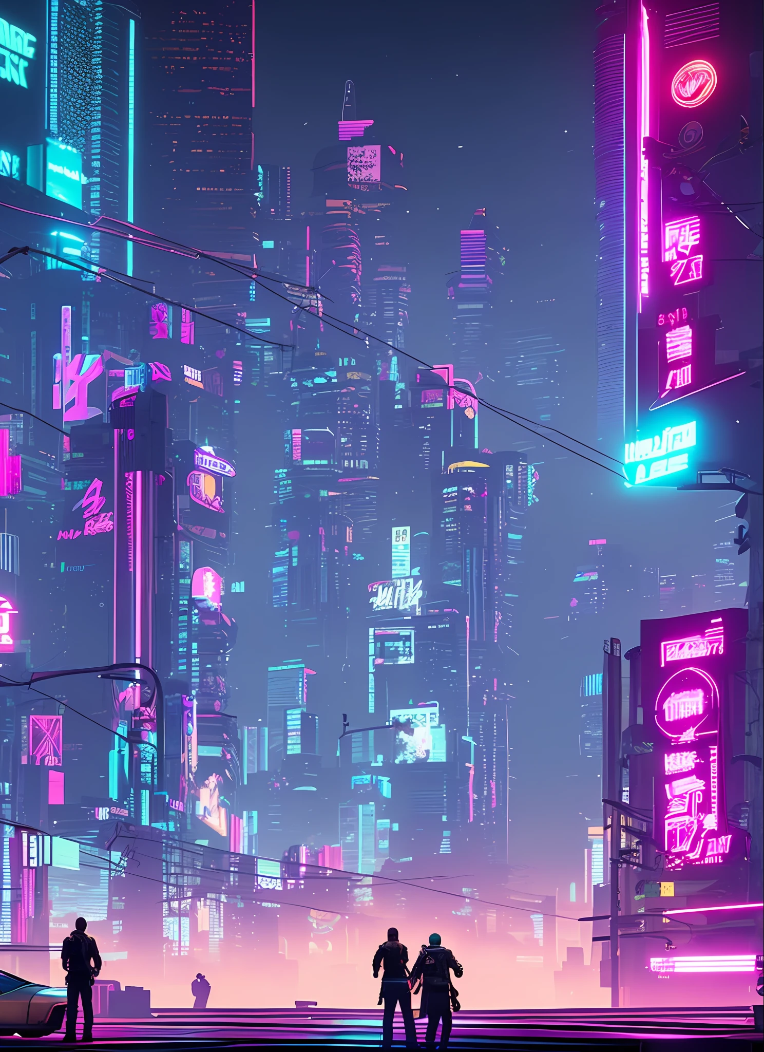 A primitive wanders around a city surrounded by neon-lit hanging cyberpunk 2077