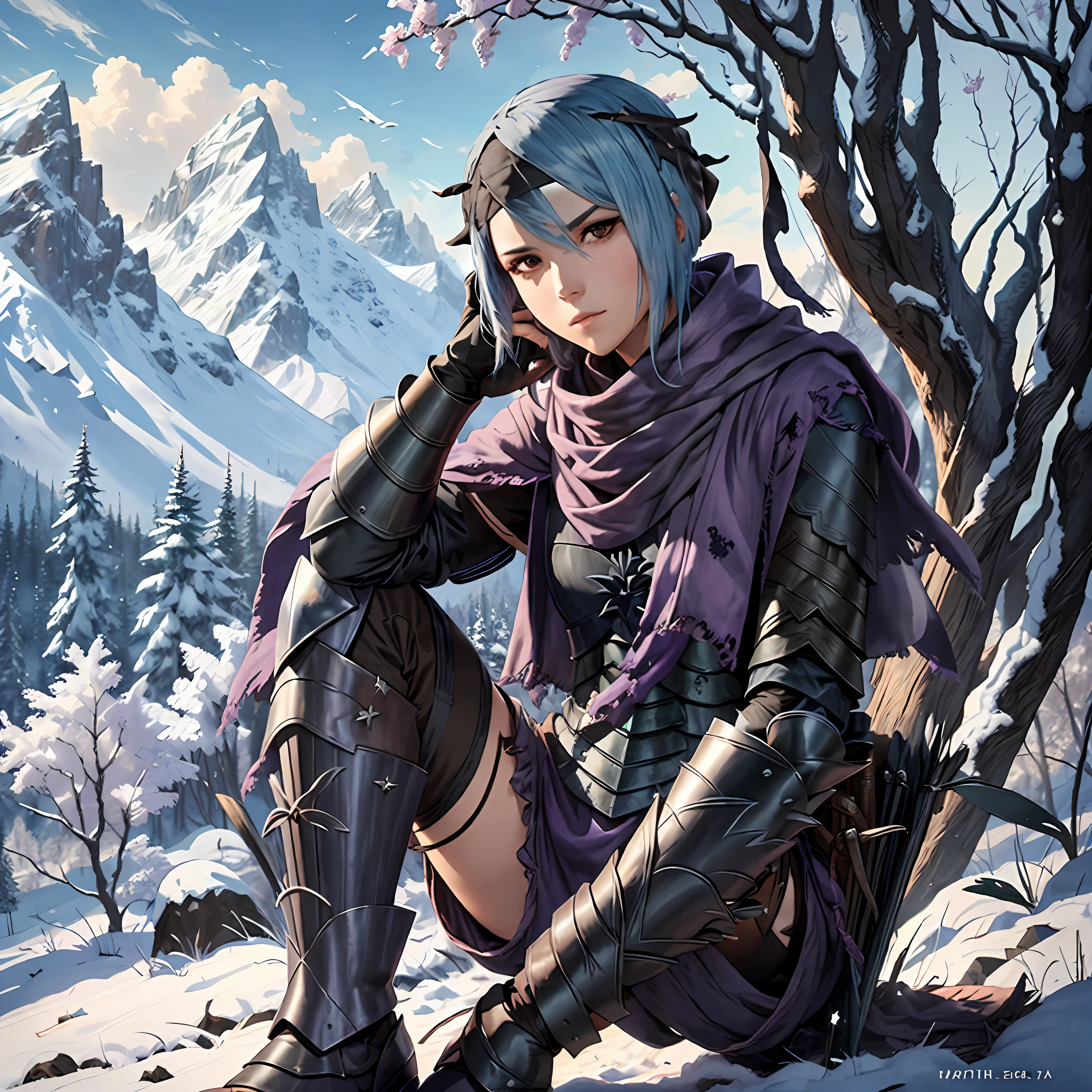 masterpiece, best quality, beruka, bandana on head, purple scarf, armor, gauntlets, black gloves, pants, boots, sitting, in front, morning, trees, mountain,