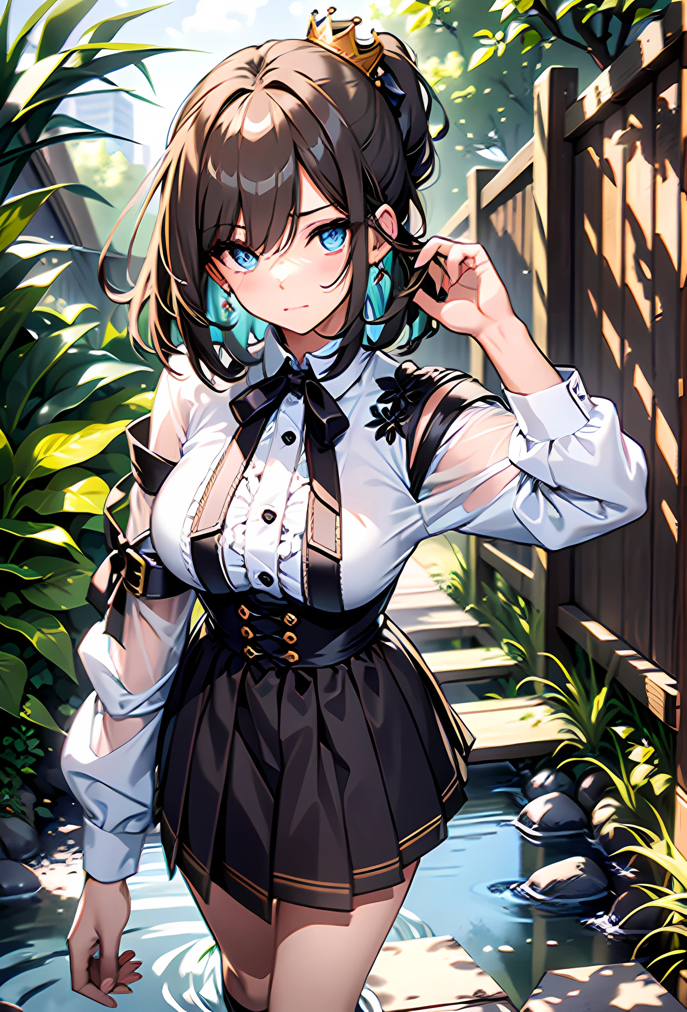 {{{{masterpiece, realistic, extremely detailed, intricate details, sharp focus, 8K, highres, depth of field, absurdres, high quality facial shadowing, dynamic shadowing, cinematic lighting, perfect lighting}}}}, best quality, asian qualities, {facing viewer}, {hands behind back}, {solo}, beautiful young girl, {{{extremely detailed girl, perfect anatomy, perfect body}}}, {{{beautiful-detailed luscious waist-length dark brown hair}}}, {{{beautiful-detailed single-left-side shoulder length ponytail}}}, {{{luscious multi-layered hair}}}, {{beautiful-detailed facial structure}}, {{detailed beautiful face}}, {{detailed face:1.33}}, {{beautiful-detailed eyes}}, {{{{detailed black to bright blue eyes}}}}, {{{{high-detailed sharp clear unclouded pupils}}}}, {{{{vibrant eye colors}}}}, small boobs, {{slim arms}}, {{slim waist}}, {{thick thighs}}, {{{{beautiful-detailed fingers}}}}, {{{detailed legs}}}, {{{blushing}}}, {{cute shy expression}}, fashion, {{{beautiful-detailed small simple golden crown}}}, {{{ simple-detailed white gem choker}}}, {{{{detailed white school short shirt}}}}, {{{beautiful-detailed light blue bow ribbon}}}, {{{detailed light blue plain mini-skirt}}} {{{detailed black socks}}}, {{{wearing brown leather school shoes}}, {{{standing against a wooden high fence on a brick pathway and a stream is running next to the person}}}, {enhanced background}, {{people walking past in the background}}
