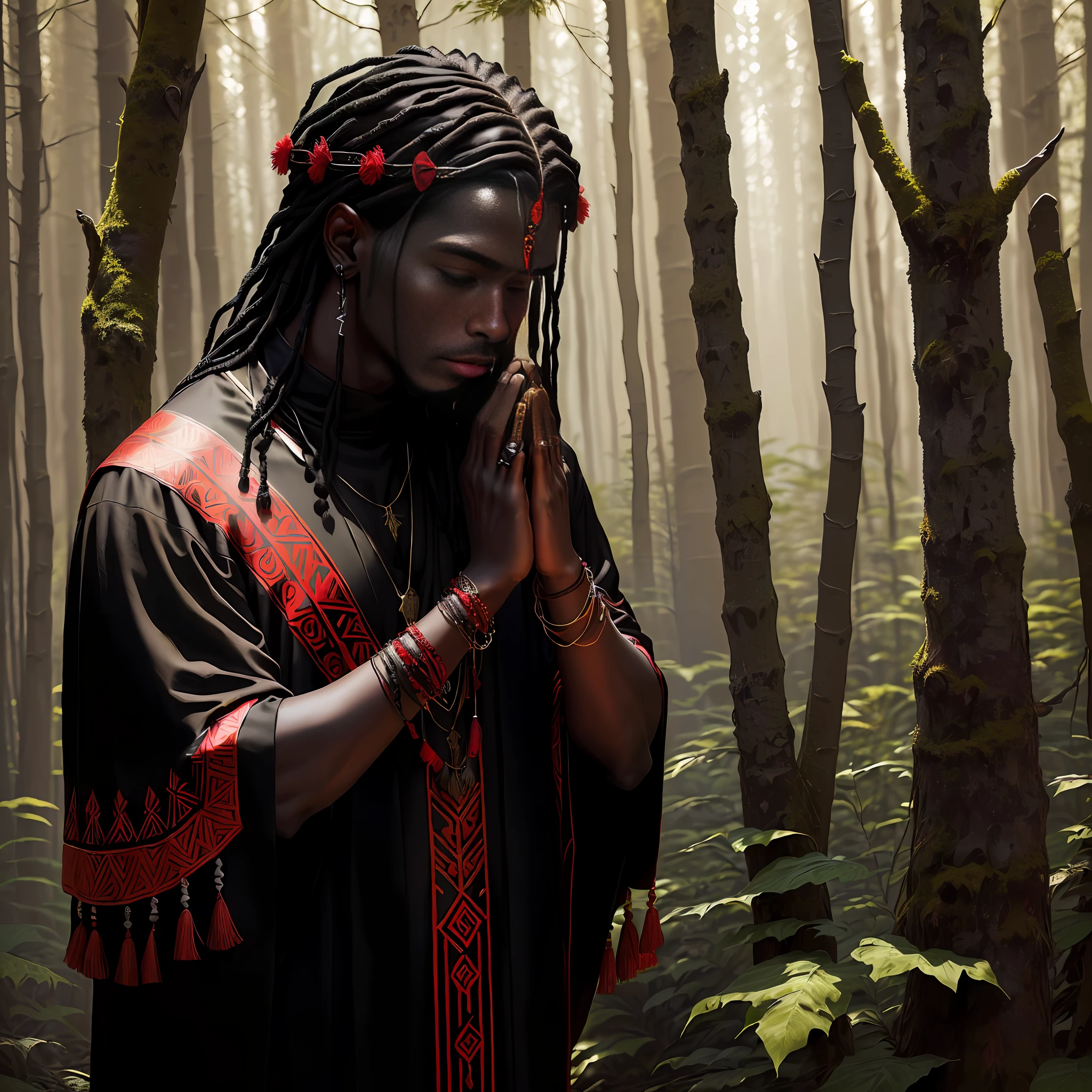 (Young adult male:1.2) stands in the forest, adorned in shamanic decorations (red and black: 1.2) against his black skin. He is (praying: 1.1) with utmost sincerity. The picture is of the (best quality) and (extremely detailed).