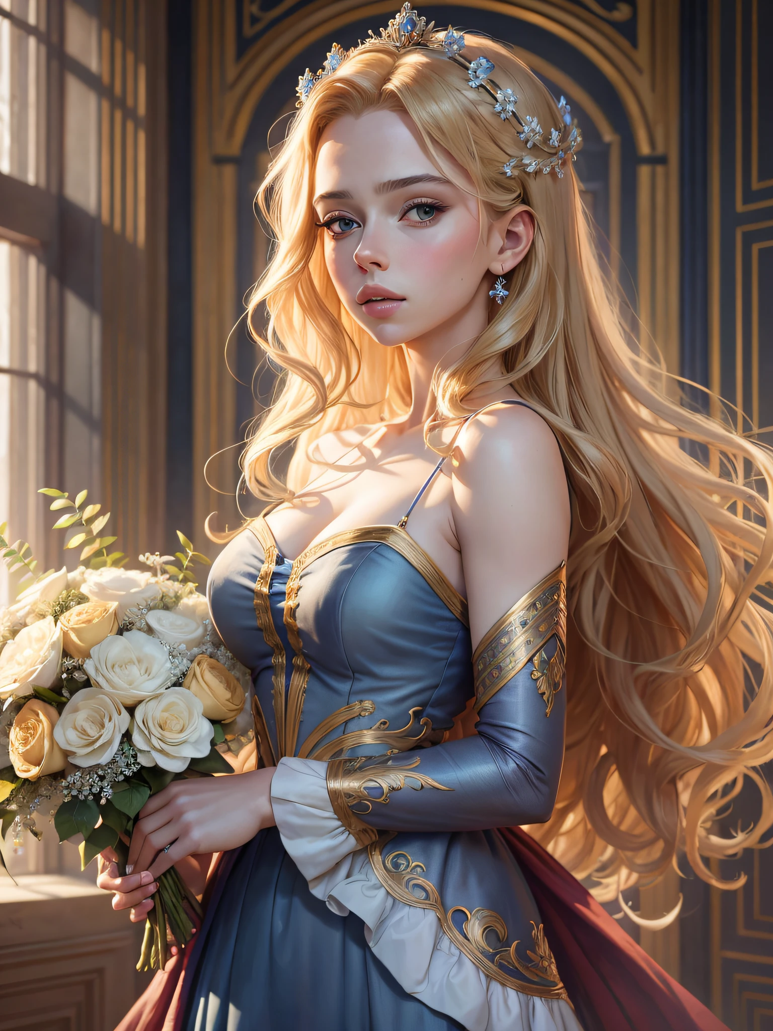 Renaissance, 8K, photo shot from front, mid-body portrait, highly-detailed, princess, girl holding a bouquet of flowers, wearing a long, flowing blue dress, demure expression, wavy blonde hair, [Scarlett Johansson|Margot Robbie], in a classical and elegant setting, with detailed and intricate renaissance-style paintings, clear background, soft lighting, eye contact