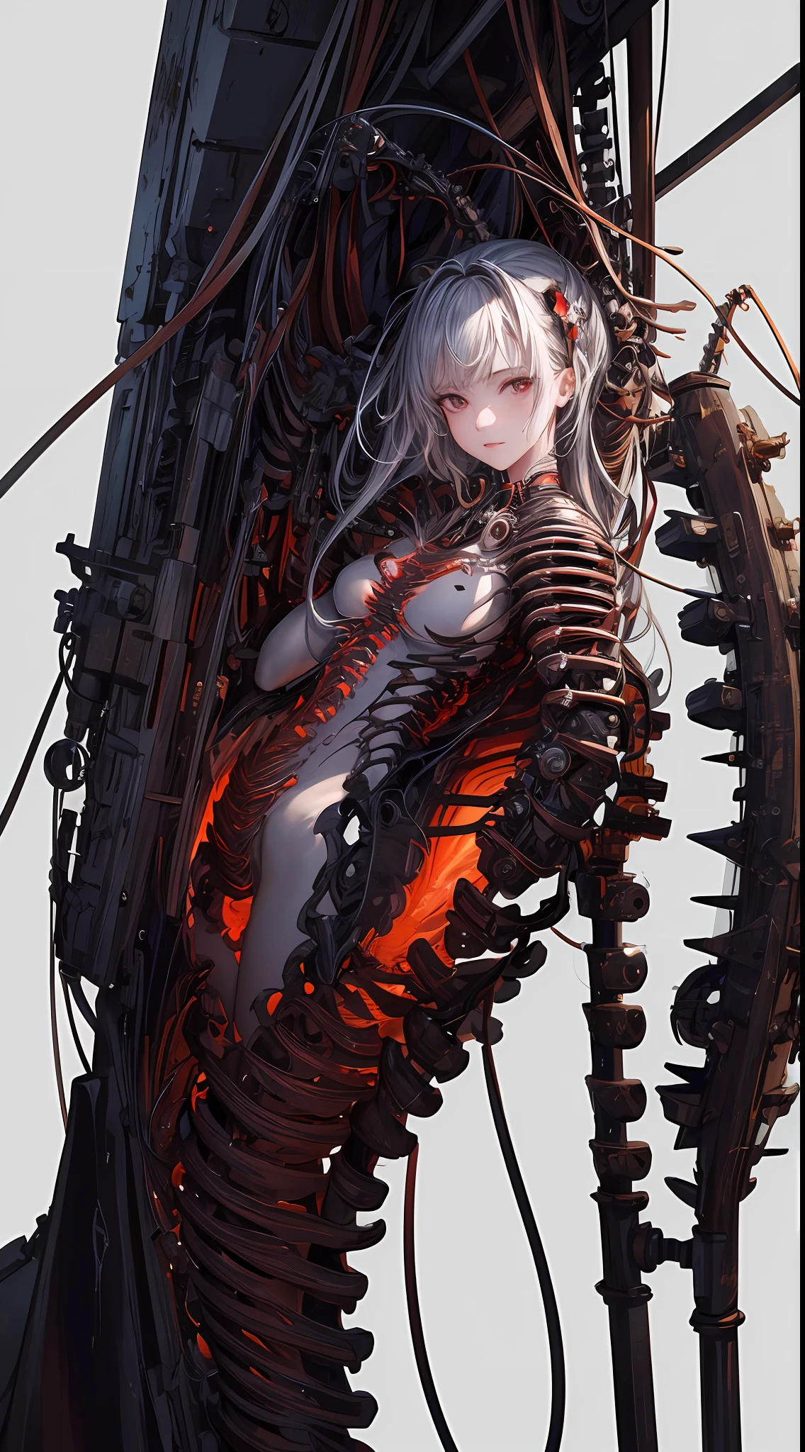 (((Masterpiece))), ((Best Quality)), (Super Detail), (CG Illustration), (Very Evil and Beautiful)), Cinematic Light, ((1 Mechanical Girl)), Single, (Mechanical Art: 1.4), ((Mechanical limb)), (Blood vessel attached to a tube), ((Mechanical spine attached to the back)), ((Mechanical cervical vertebrae attached to the neck), (Back to the viewer)), expressionless, ( Wires and cables attached to the head and body: 1.5), Science Fiction, Apocalypse, Ruins, (Lower Body Integrated with Mechanical Devices), (Blood: 1.5), Cruelty, Absurdity, Eroticism, Fusion with Machines, Doomsday Time, Super Future, Inorganic, Laboratory, Restraint, (Beautiful Indulgence: 1.2), (1 Girl: 1.3), Body Wrapped Around Mechanical Tentacles