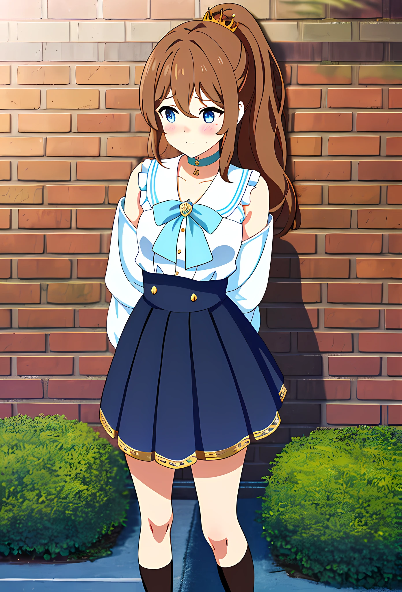 {{{{masterpiece, realistic, extremely detailed, intricate details, sharp focus, 8K, highres, depth of field, absurdres, high quality facial shadowing, dynamic shadowing, cinematic lighting, perfect lighting}}}}, best quality, asian qualities, {facing viewer}, {hands behind back}, {solo}, beautiful young girl, {{{extremely detailed girl, perfect anatomy, perfect body}}}, {{{beautiful-detailed luscious waist-length dark brown hair}}}, {{{beautiful-detailed single-left-side shoulder length ponytail}}}, {{{luscious multi-layered hair}}}, {{beautiful-detailed facial structure}}, {{detailed beautiful face}}, {{detailed face:1.33}}, {{beautiful-detailed eyes}}, {{{{detailed black to bright blue eyes}}}}, {{{{high-detailed sharp clear unclouded pupils}}}}, {{{{vibrant eye colors}}}}, small boobs, {{slim arms}}, {{slim waist}}, {{thick thighs}}, {{{{beautiful-detailed fingers}}}}, {{{detailed legs}}}, {{{blushing}}}, {{cute shy expression}}, fashion, {{{beautiful-detailed small simple golden crown}}}, {{{ simple-detailed white gem choker}}}, {{{{detailed white school short shirt}}}}, {{{beautiful-detailed light blue bow ribbon}}}, {{{detailed light blue plain mini-skirt}}} {{{detailed black socks}}}, {{{wearing brown leather school shoes}}, {{{standing against a wooden high fence on a brick pathway and a stream is running next to the person}}}, {enhanced background}, {{people walking past in the background}}