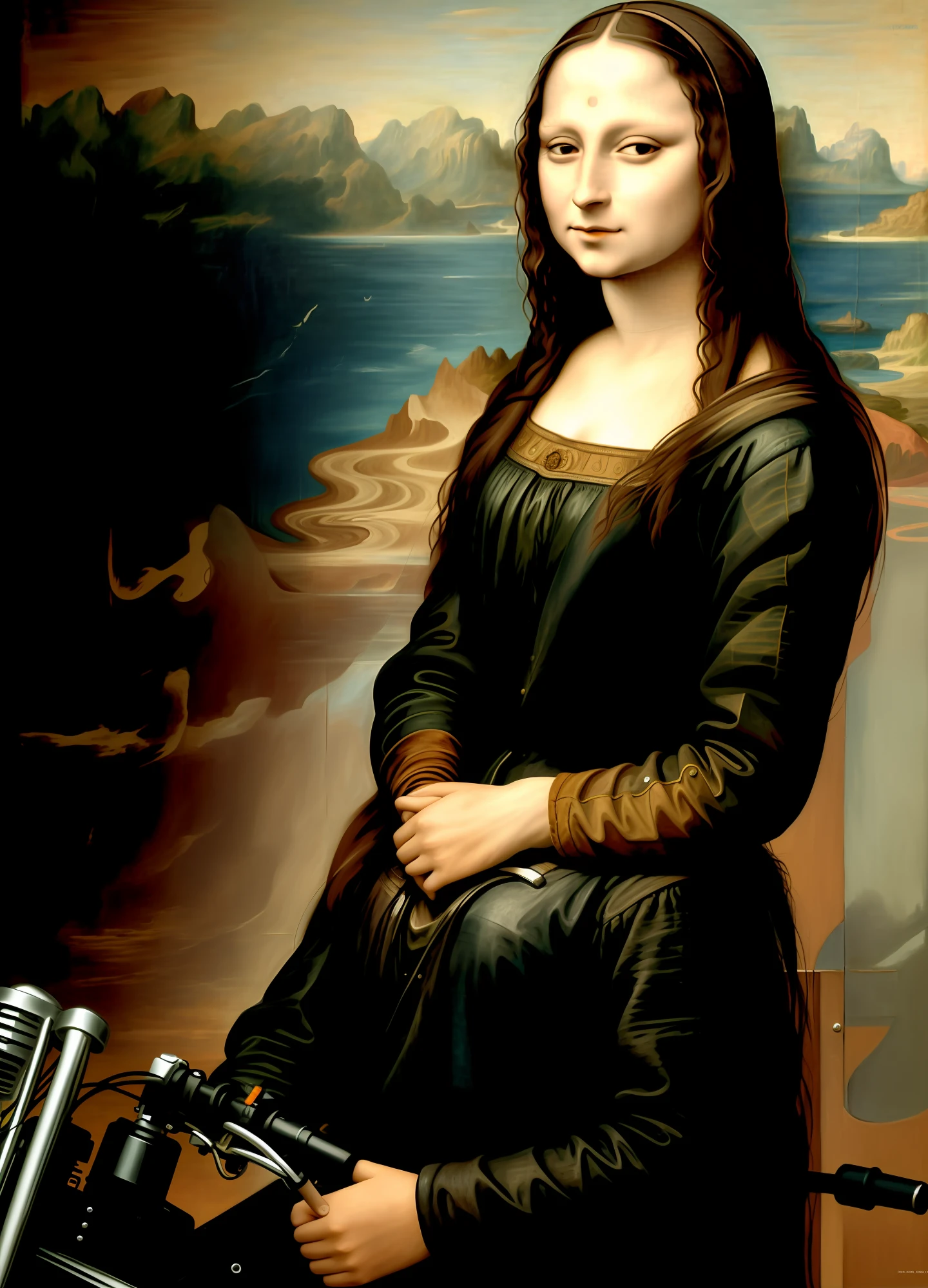 Mona lisa riding a motorcycle