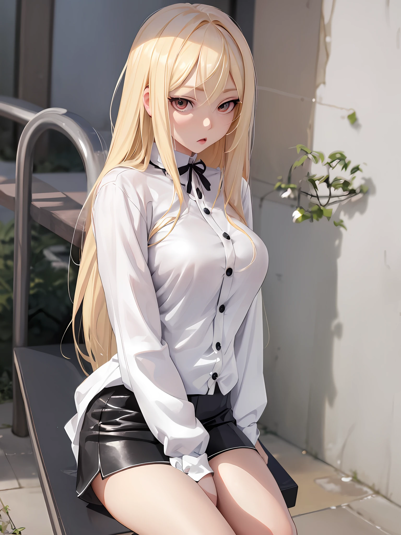 blond haired doll sitting on a black bench in a white shirt, anime girl in real life, with long blond hair, hyper realistic anime, perfect android girl, photorealistic full body, hyperrealistic teen, realistic young anime girl, long blonde hair and large eyes, with white long hair, 2 4 year old female model, long blonde hair and big eyes