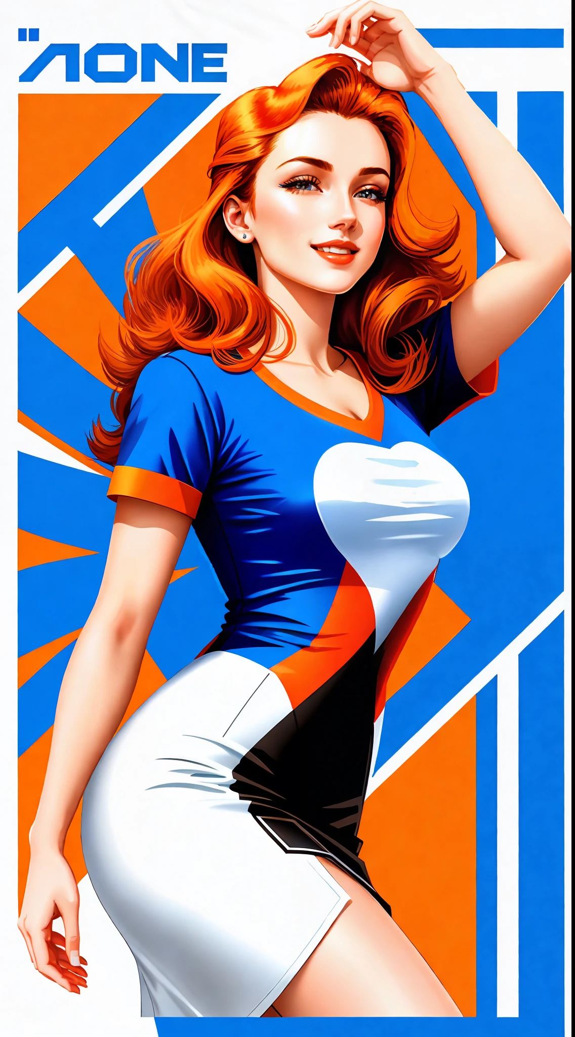 A happy woman. (Showing the big white poster.) 2D vintage style. Body and face made of porcelain. Very high quality and fine details. Well dressed (sober), in profile, with well-positioned arms (always visible). Look well positioned. Orange hot stamp style hair. Shirt without print. Vintage style, (T-shirt design), realistic volumetric light of the masterpiece, in the colors royal blue and orange. Modern and vector "image show". (((White background))). Symmetric in (2D vector art).