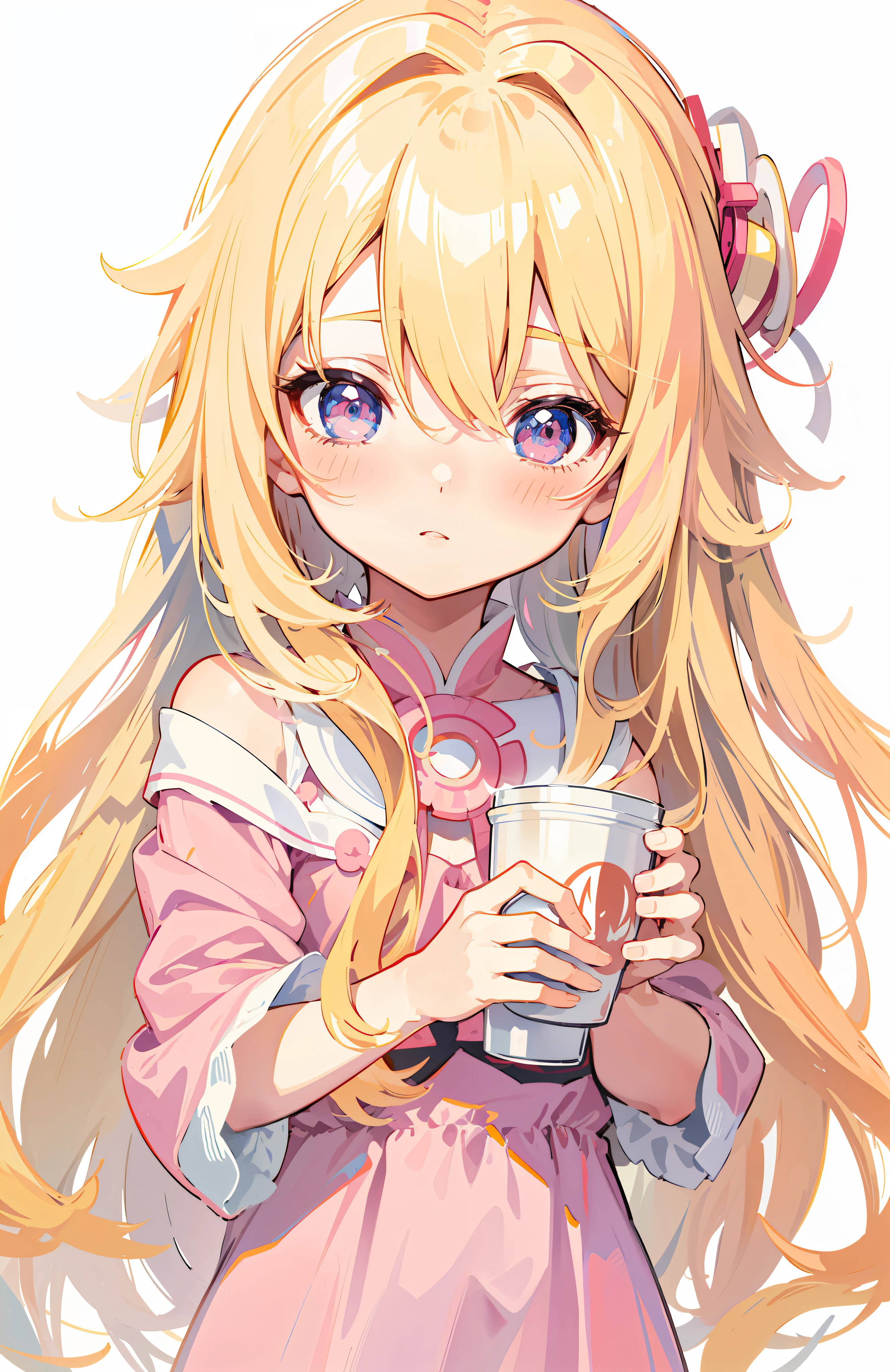 Anime girl with long blonde hair and pink dress holding pink cup, cute girl with anime visual, little curve , splash art anime lolionde anime girl with long hair, zero zen art, anime moe art style, loli, cunime girl, (anime girl), anime girl drinking energy drink, Yandere, little loli girl, p, shy expression, cute anime style, pixiv, extreme light and shadow, delicate face portrayal, blush, 8k, ultra hd, best quality, masterpiece, character concept design