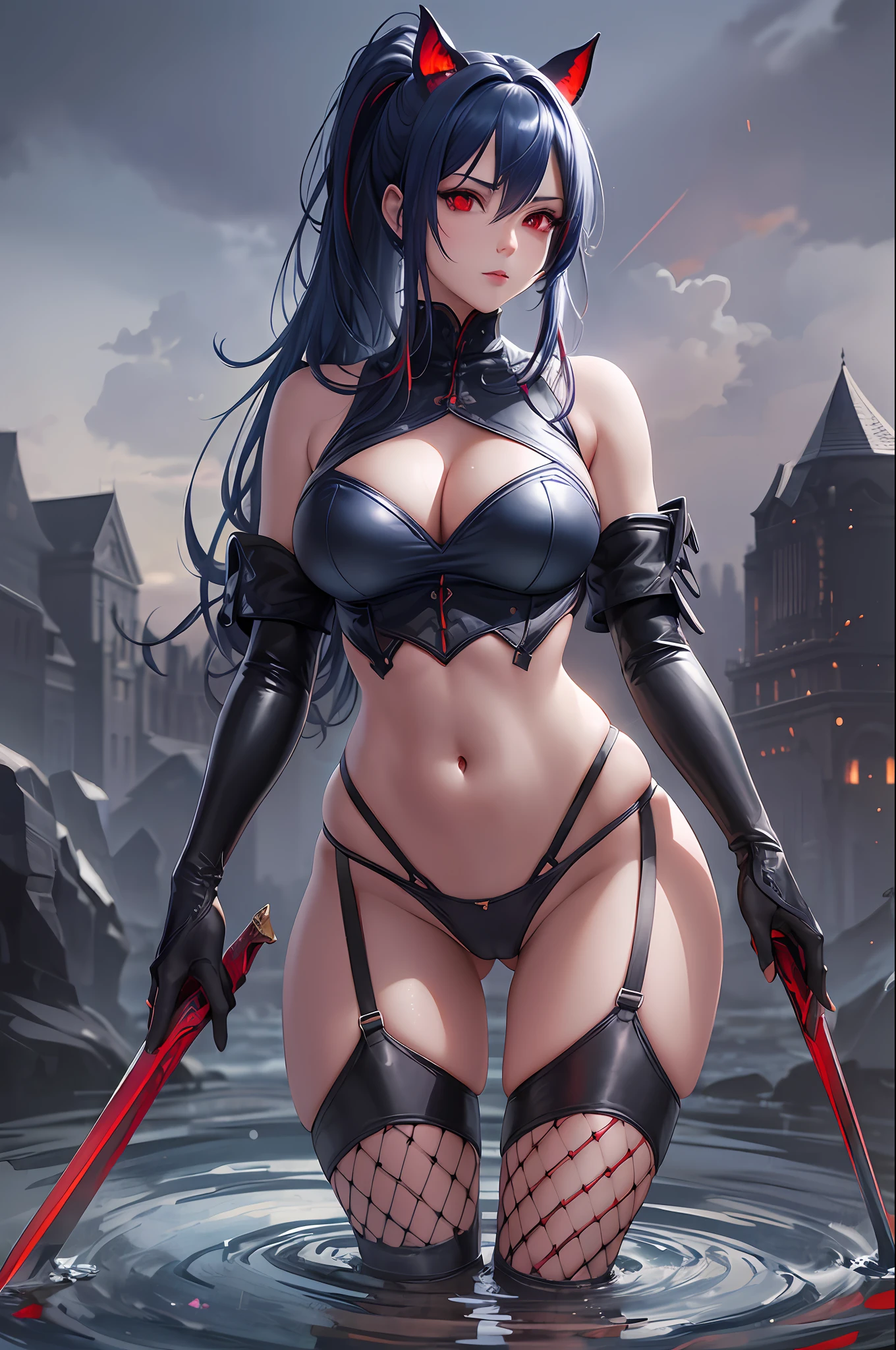 best quality}, {{masterpiece}}, {highres}, Perfect waist cut, Large breasts, Warrior girl with a small short sword on hand, Skimpy organza transparent clothes, organza elements on clothes, net clothes, leather glossy elements on clothes, dark blue hair with red highlights, (perfect nose), Seductive gaze, dark blue knee high boots on high heels with red highlights, (Best Illustration), 8k Resolution, Intricate Details, Best Quality, Realistic, Ultra Detailed, Best Lighting, Best Shadows, Ultra HD, A Necromancer style, Night, Magic, Dark Style, Vampire, (shining red eyes:1.6), masterpiece, high_res, Beautiful face, tyndall effect, photo realistic, (high detailed skin:1.2), 8k uhd, dslr, high quality, Photograph, high resolution, 4k, 8k, Bokeh, absurdres, ponytail contorted, best ratio four finger and one thumb, front view, dark blue hair gorgeous, perfect proportional skinny fitness body, full body view, wet skin, wet clothes, dark cathedral baground scenery, huge bobs, belly muscle, long fit perfect legs, fishnet dark red Stockings, realistic reflection in the water --auto --s2